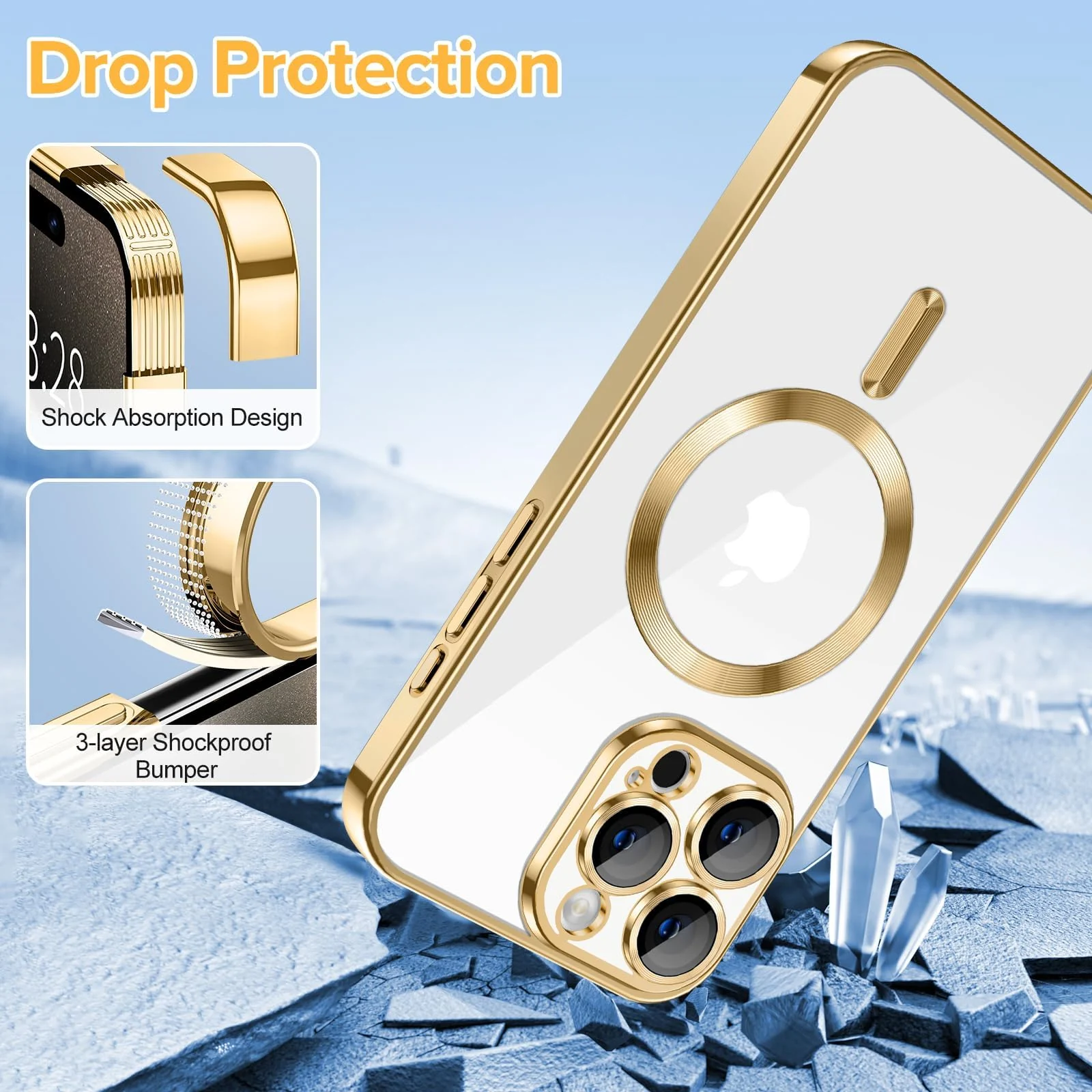 DL3 Mobilak Clear MagSafe-Compatible Magnetic Case for iPhone 15 Pro Max with Camera Protection and Shockproof Design - Gold