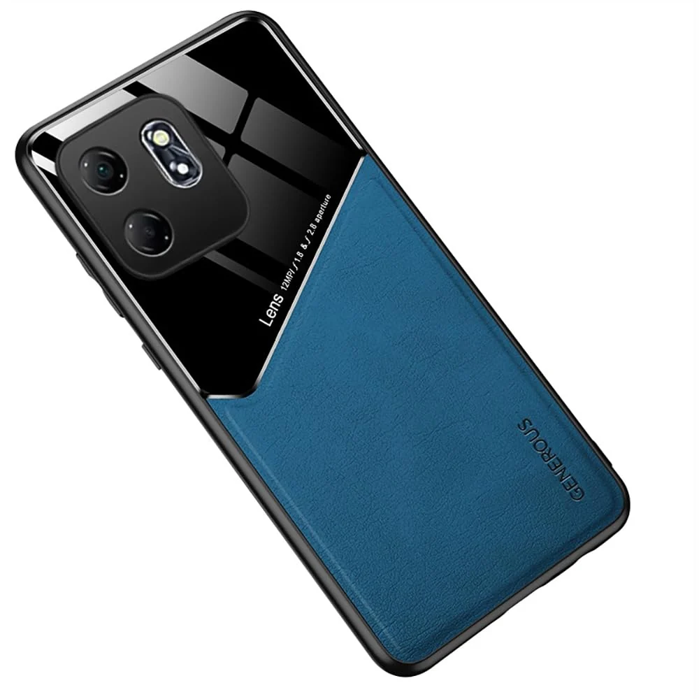 DL3 Mobilak Luxury Case For Infinix Smart 9 / Infinix Hot 50i, Ultra-Thin Soft TPU Frame, Back Leather Mixed Double+Plexiglass Protective Cover With Built-in Car Magnetic - Blue