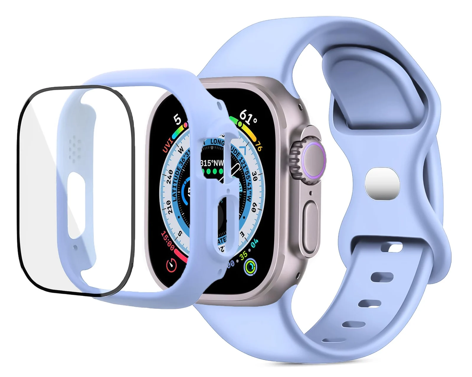 DL3 Mobilak Band with Case For Apple Watch Ultra/Ultra 2 49mm, Adjustable Silicone Sport Wristband Replacement, Strap With Cover Built-in Glass Screen Protector for iWatch Ultra 49 mm - Baby Blue