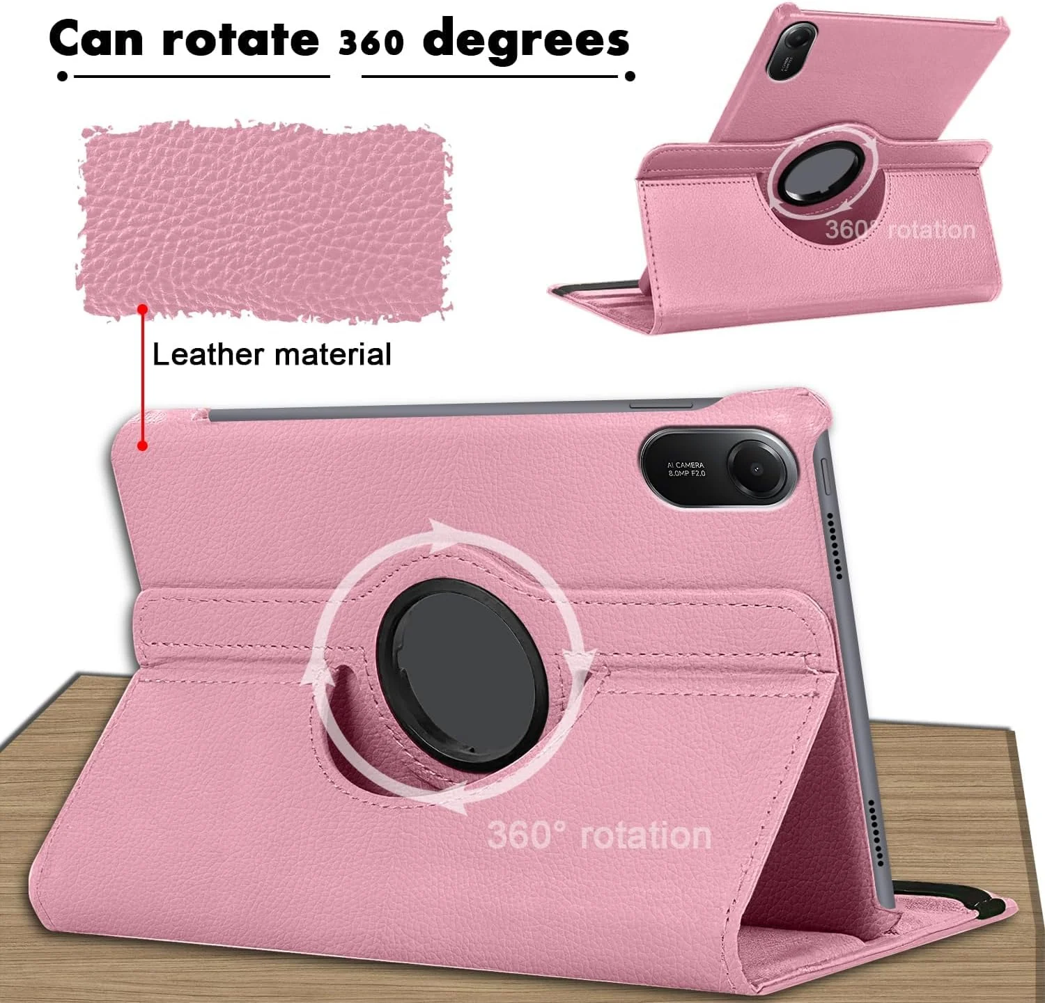 DL3 Mobilak Protective Cover for Xiaomi Redmi Pad 2 2025 11 inch, 360° Rotatable Smart Stand, Leather Folio Flip Cover with Multi-Angle Viewing, Auto Wake Sleep - Baby Pink