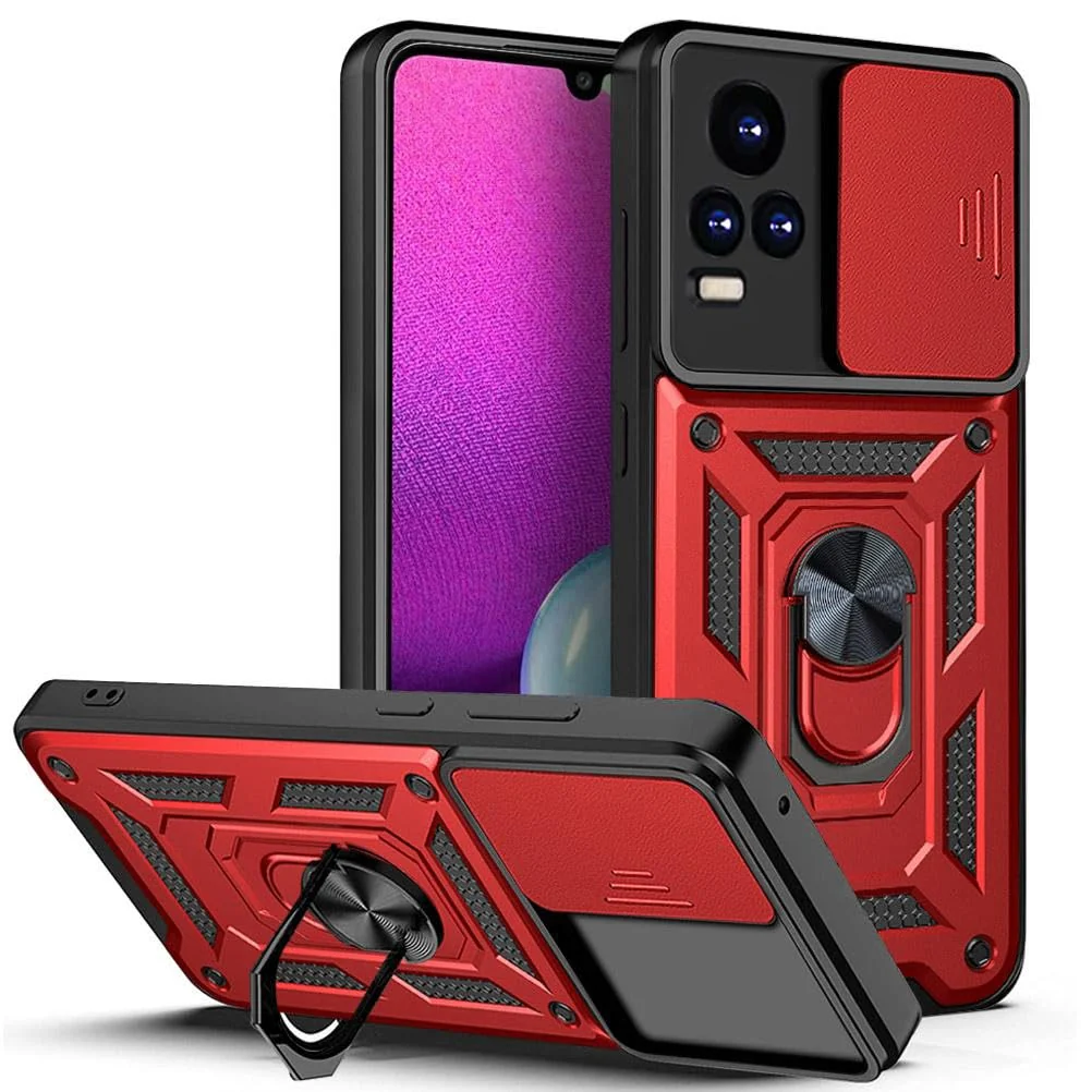 DL3 Mobilak Military-Grade Protective Case with Sliding Camera Cover, Metal Ring Kickstand and Magnetic Car-Mount Support for vivo V21E 4G / vivo Y73 2021 - Red