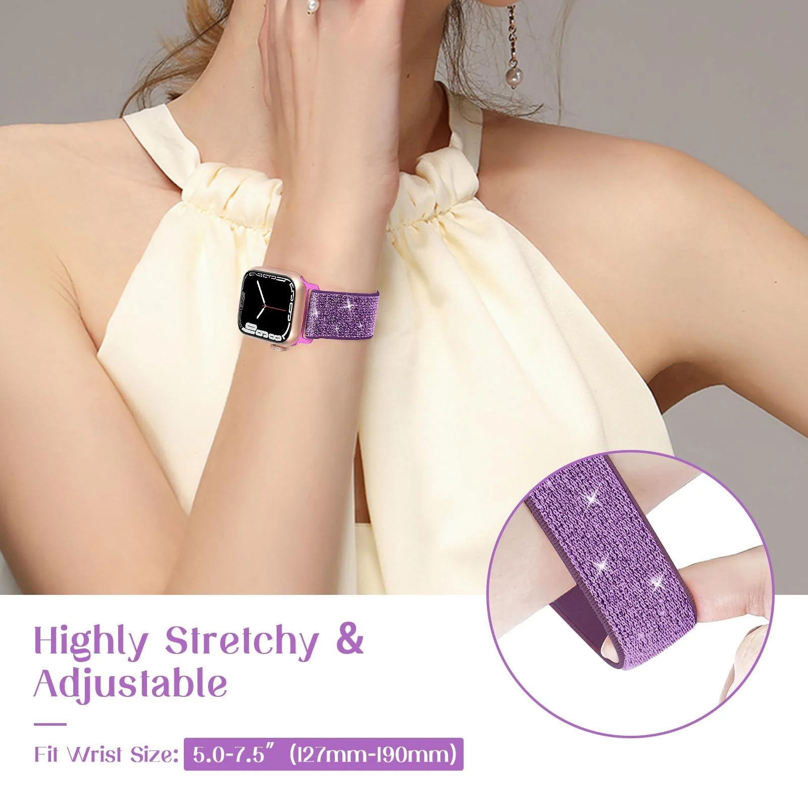 DL3 Mobilak Stretchy Bling Band For Apple Watch 49mm 46mm 45mm 44mm 42mm Women, Nylon Sparkly Strap Solo Loop Glitter Wristband for iWatch Series 11 10 9 8 7 6 5 4 SE3 SE2 SE Ultra 3 2 1 - Purple