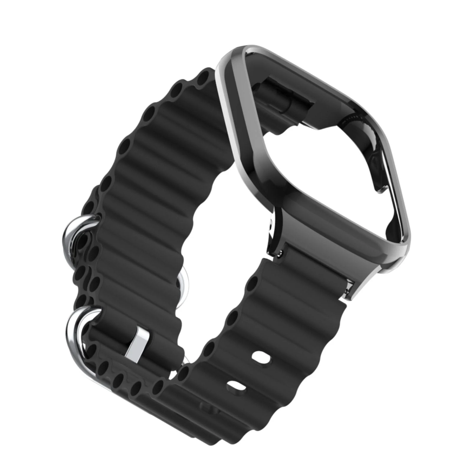 DL3 Mobilak Ocean Strap Compatible with Xiaomi Redmi Watch 3 Lite/Redmi Watch 3 Active, Adjustable Silicone Strap with Metal Buckle, Band With Frame Metal Women Men Replacement Strap - Black