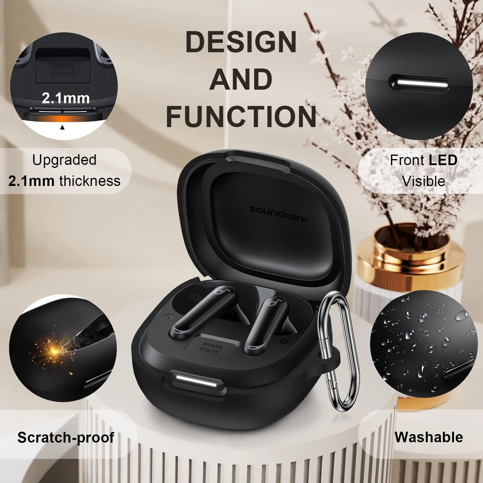 DL3 Mobilak Compatible with Anker Soundcore P40i Case Cover, Soft Silicone Shockproof Protective Skin Case for Soundcore P40i Wireless Earbuds with Carabiner, Front LED Visible - Black