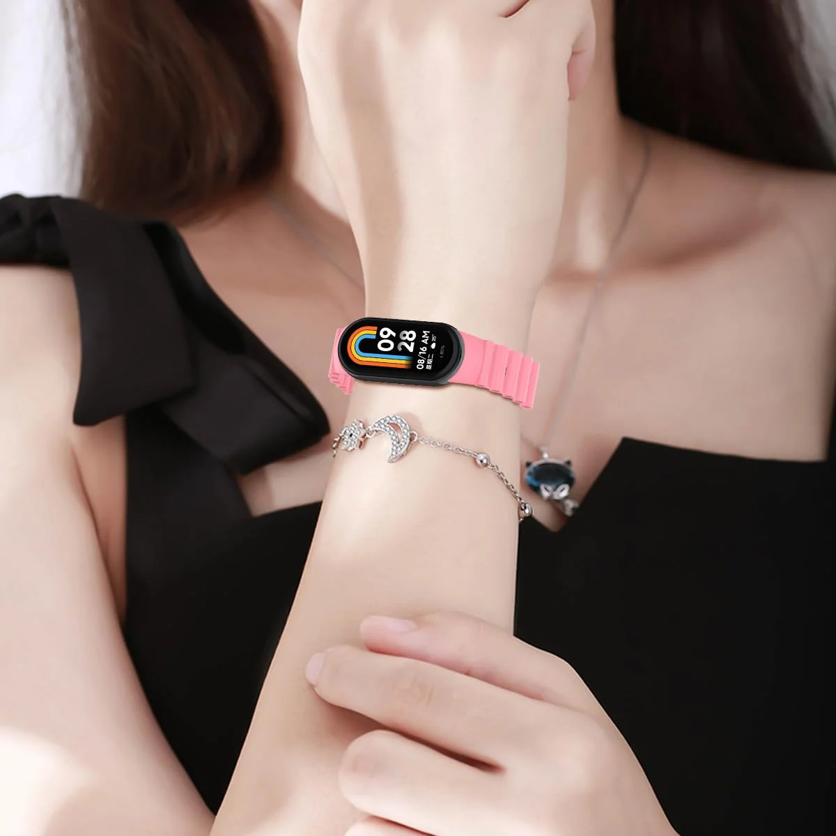 DL3 Mobilak Ocean Band for Xiaomi Band 8 Mi Band 8, Adjustable Silicone Stretchy Sport Strap Women Men Replacement Wristband - Black