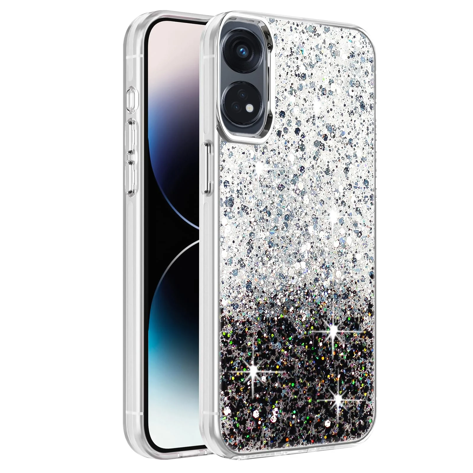 DL3 Mobilak Glitter Protective Case for OPPO Reno 8T 4G (Reno8T), Supports wireless charging, Camera protection, Shock-absorbing protection - White Black