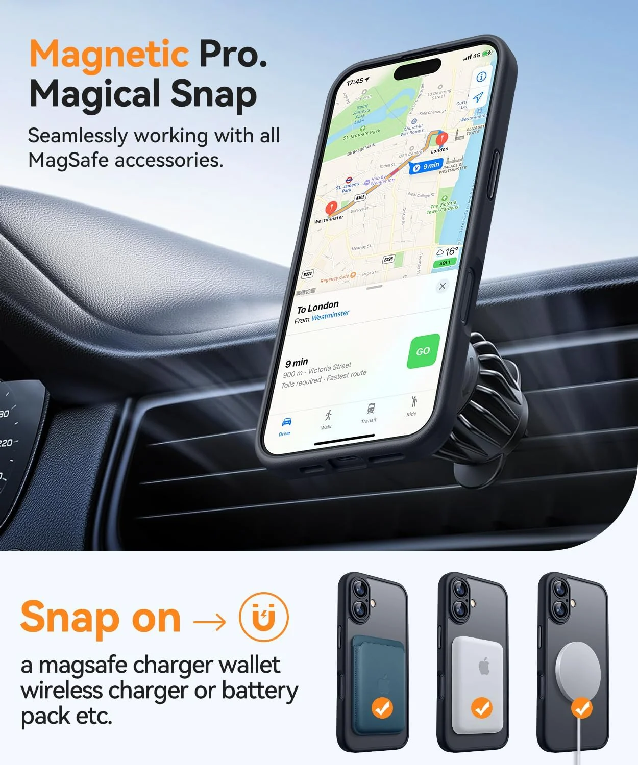DL3 Mobilak Matte MagSafe-Compatible Magnetic Case for iPhone 16 with Camera Protection and Magnetic Car-Mount Support - Black