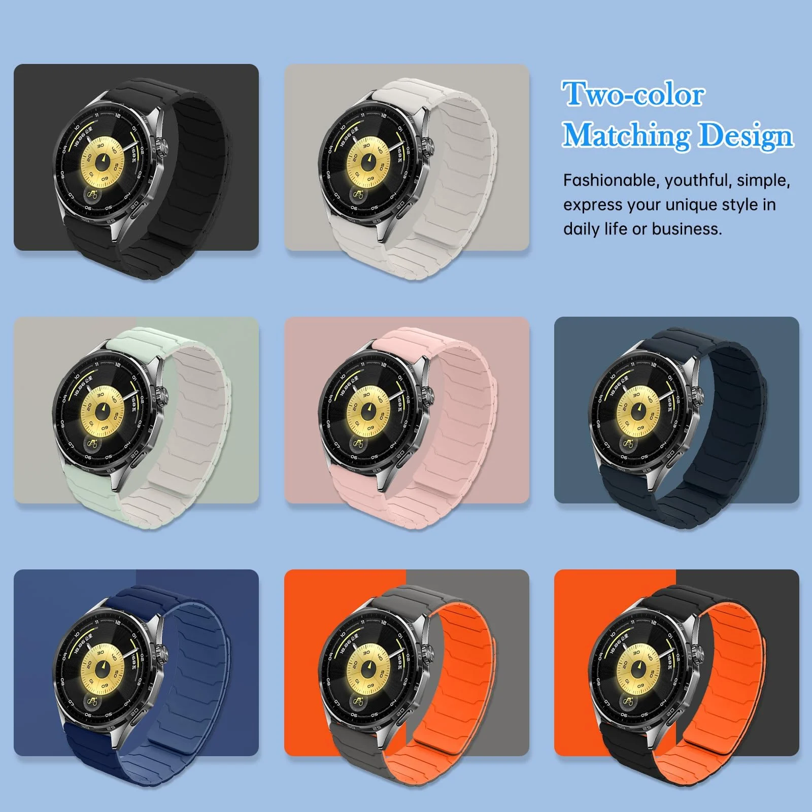 DL3 Mobilak 22mm Silicone Magnetic Strap for Xiaomi Redmi Watch 5 Active/5 Lite/Samsung Galaxy Watch 46mm/Watch 3 45mm/Gear S3/Huawei watch (GT6 GT5 GT4 GT3 GT2 GT 46MM)/GT2E/GT6 Pro/GT 5 Pro/Amazfit GTR4/Bip 6 - Blue/light Blue