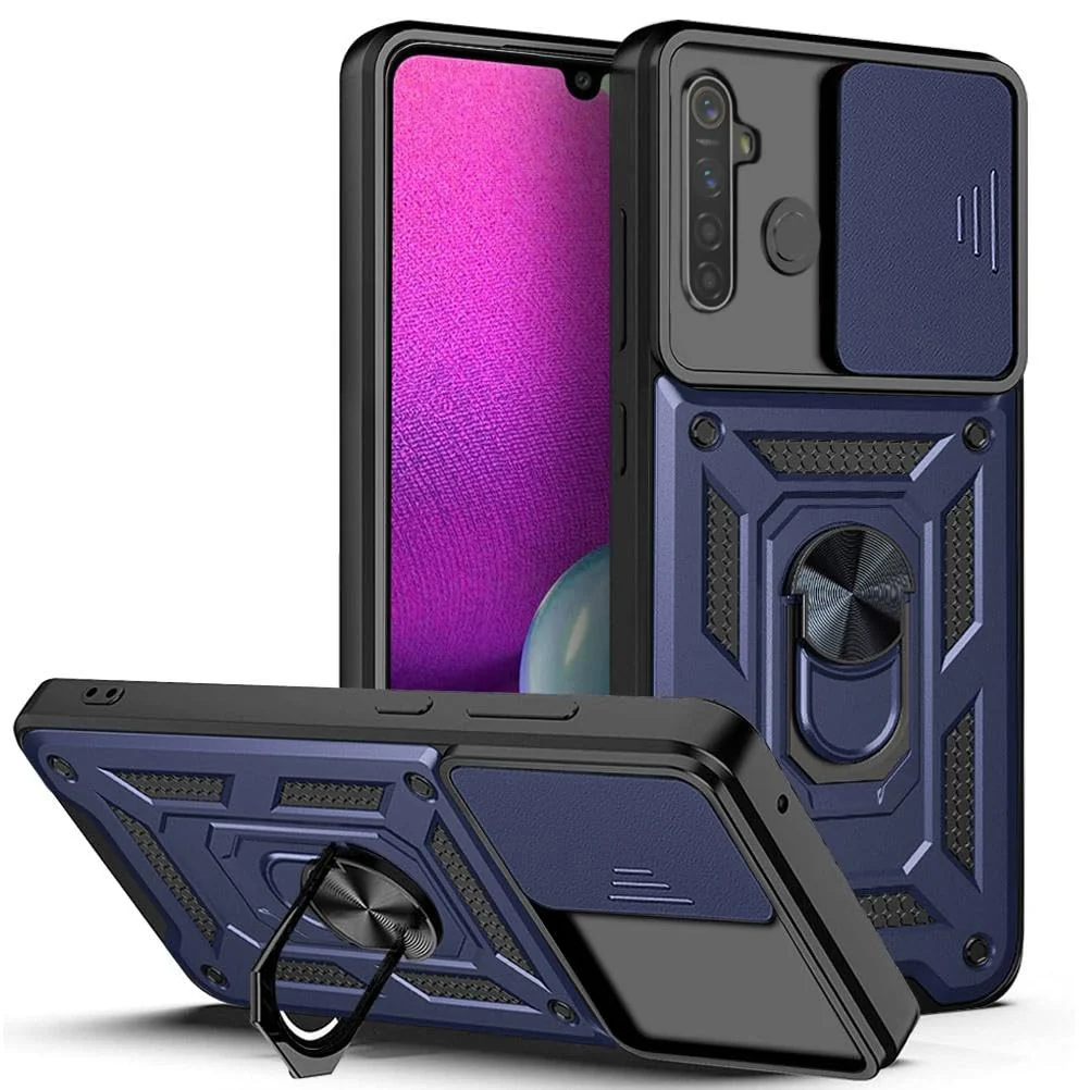 Dl3 Mobilak Case for Realme 5 Pro with Slide Camera Cover, Military Grade Shockproof Protective Cover with Rotatable Metal Ring Kickstand [Support Magnetic Car Mount] (Black)