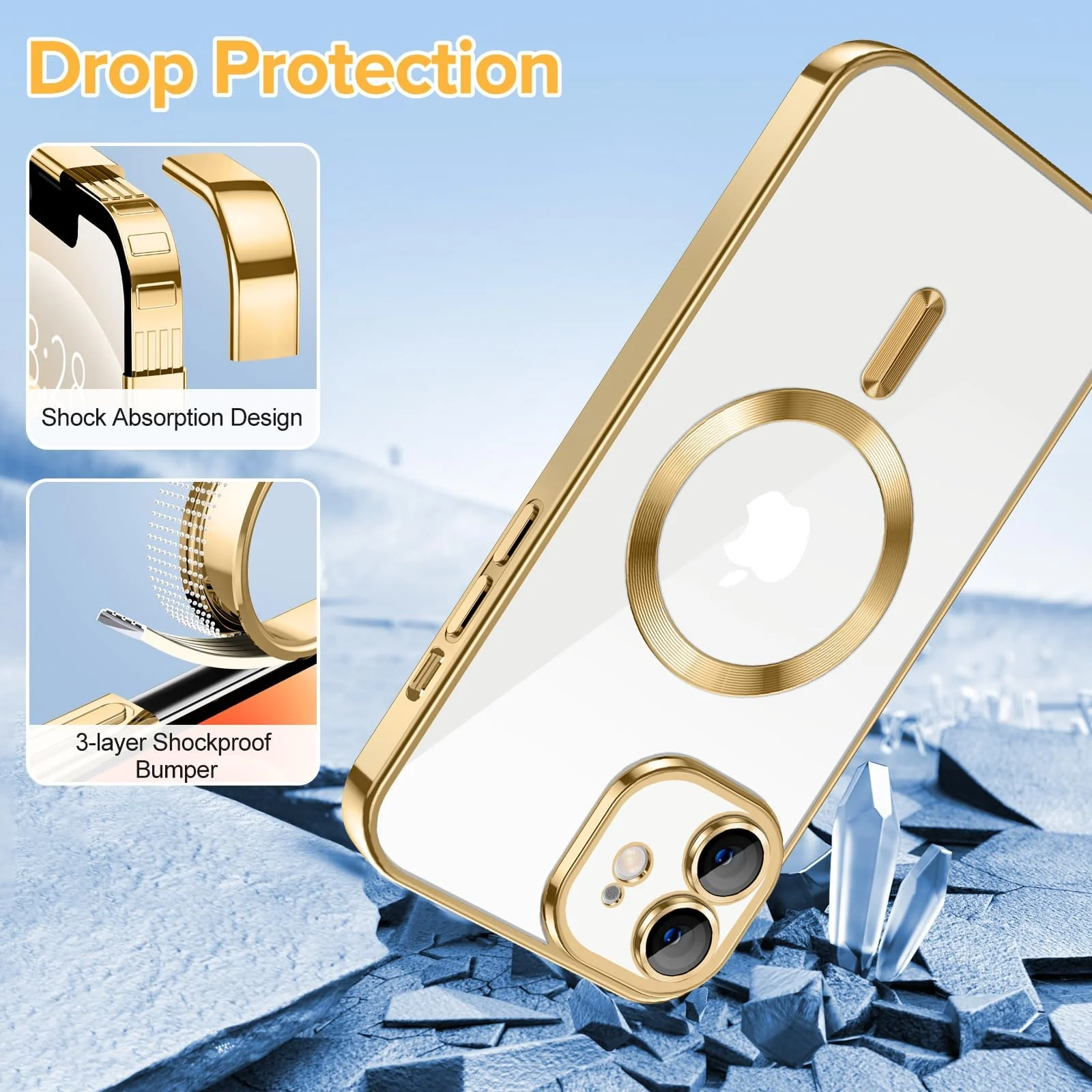 DL3 Mobilak Clear TPU Card Holder Case for iPhone 12 with Camera Protection and Magnetic Car-Mount Support - Gold