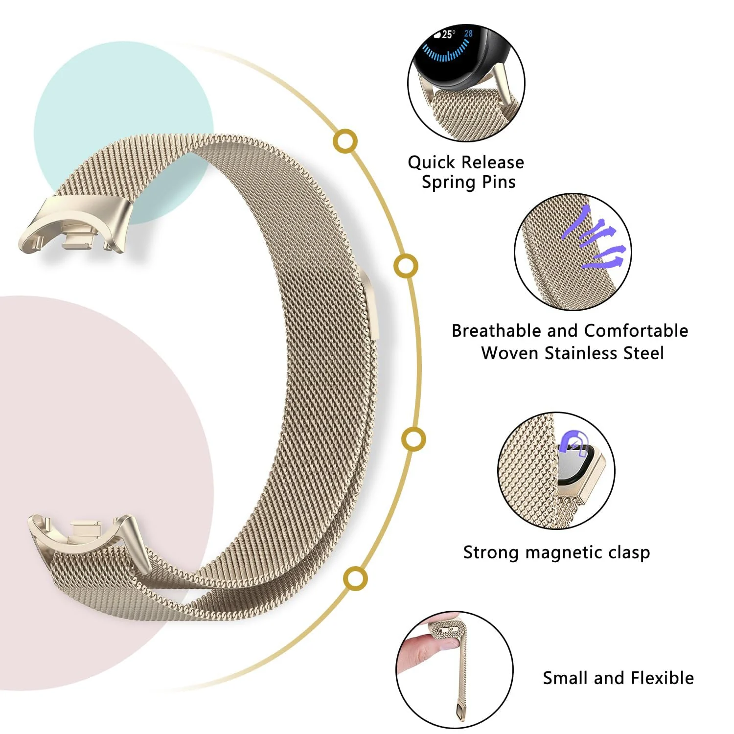 DL3 Mobilak Bracelet Compatible with Xiaomi Mi Band 10/9/8, Stainless Steel Replacement Straps, Mesh Metal Watch Strap, Magnetic Adjustable Replacement Strap For Xiaomi Smart Band 8/9/10 - Champagne