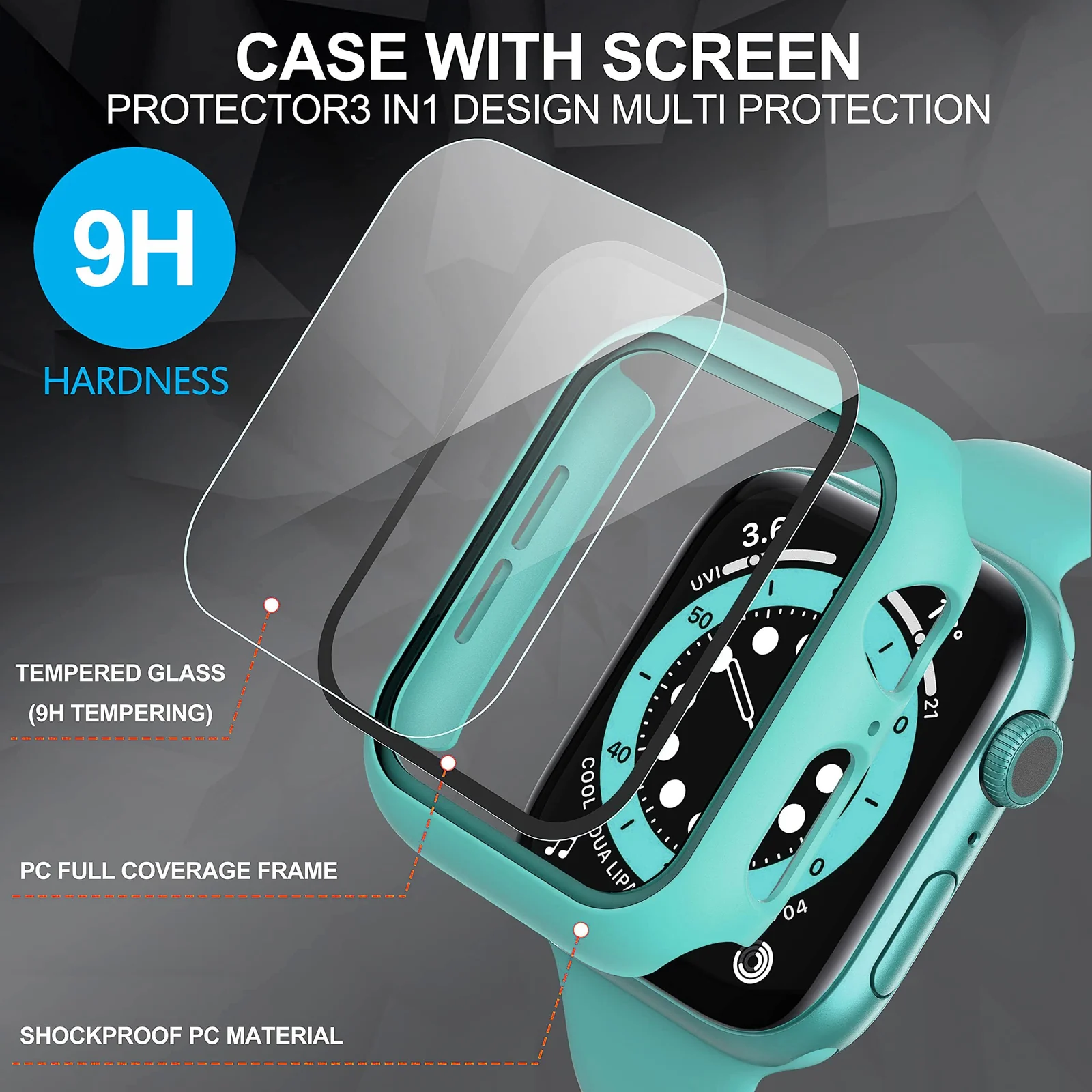 DL3 Mobilak Hard Case Designed for Apple Watch 41mm Series 9 8 7, Built-in 9H [HD Clear] Tempered Glass Screen Protector, [Full Protection] Slim Cover for iWatch 41mm Series 9 8 7 - Turquise