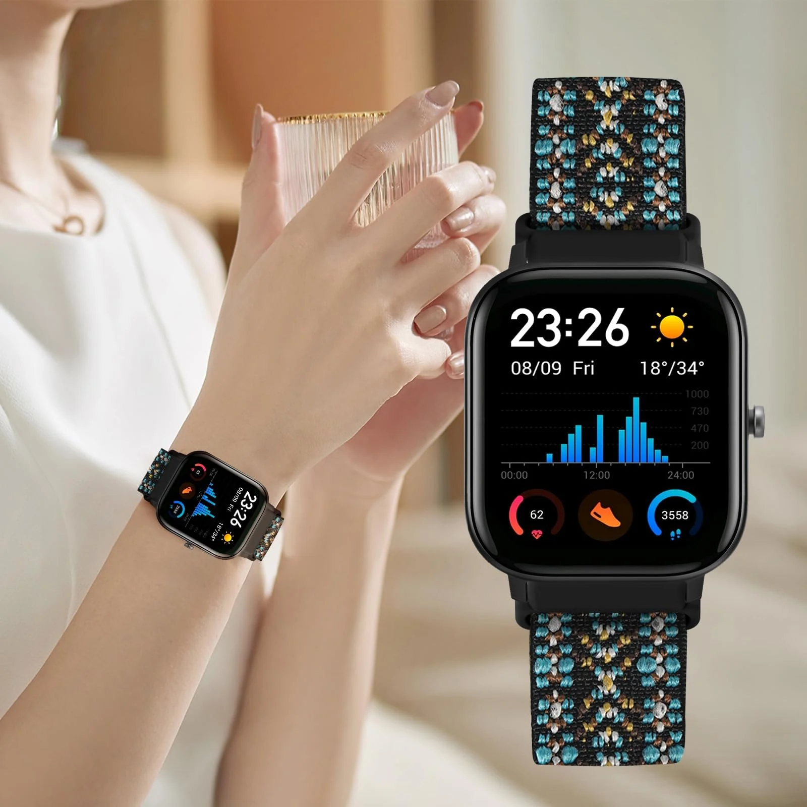 20MM Bnad Nylon Loop For Samsung Galaxy Watch 7/6/5/4 40mm 44mm/Watch 5 Pro 45mm/S2 classic/active 2 40mm 44mm Stretch Strap for Amazfit Active 2/GTS 4/3/3 Pro/2/2e/GTS 4 Mini (Boho Green)