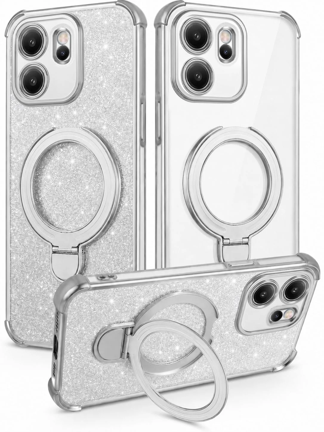 Mobigon Glitter Phone Case Compatible with OPPO Reno 15F / OPPO Reno15 FS, Magnetic Ring Stand Shockproof Cover, Clear Soft TPU Bumper with Full Camera Protection - Silver