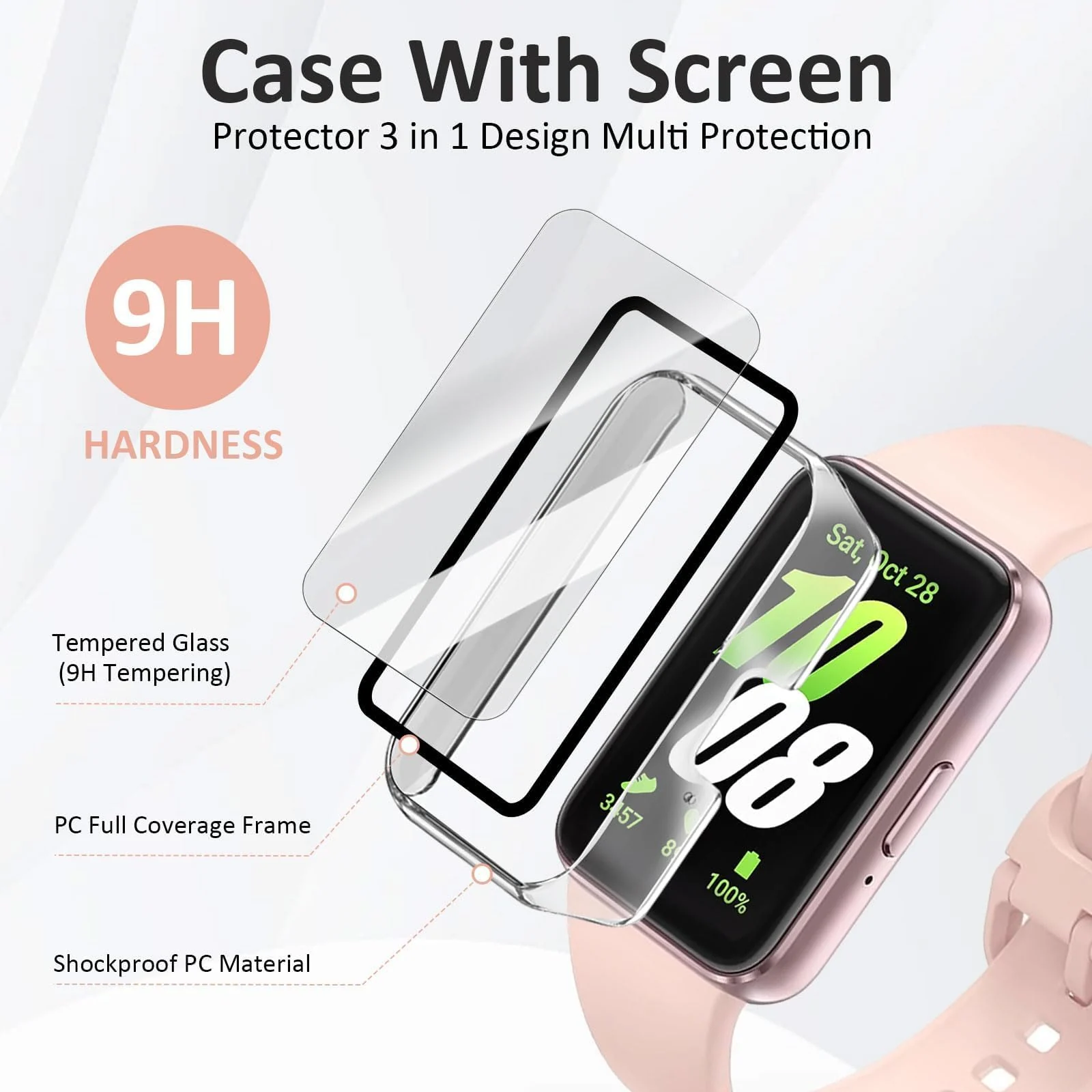 DL3 MOBILAK Full-Coverage Watch Case with Tempered Glass for Samsung Galaxy Fit 3, Clear