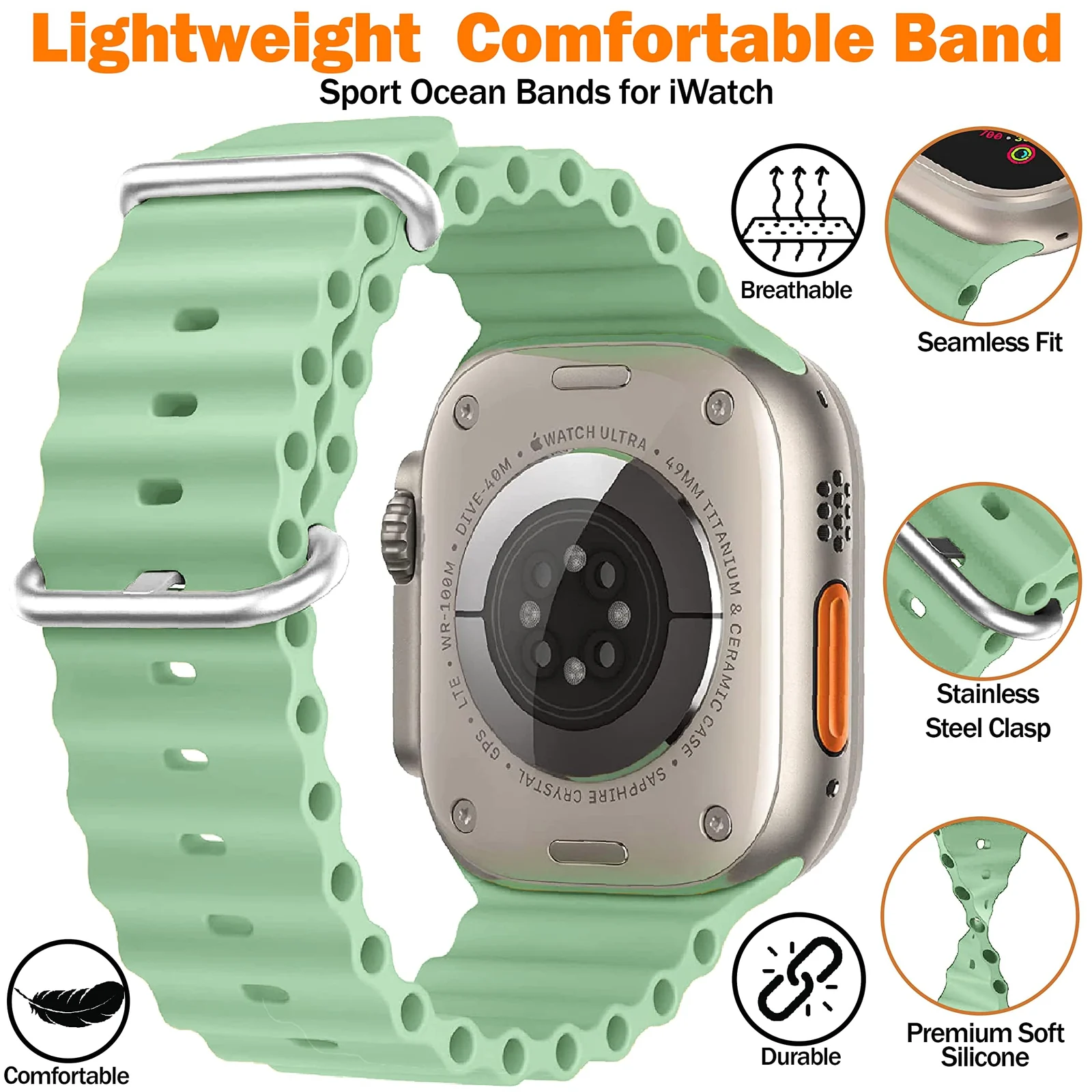 DL3 Mobilak Ocean Band with Case For Apple Watch Ultra 49mm, Adjustable Silicone Sport Loop Ocean Strap Men Women Strap With Protective Cover Screen Shockproof for iWatch Ultra 2 49mm - Mint Green