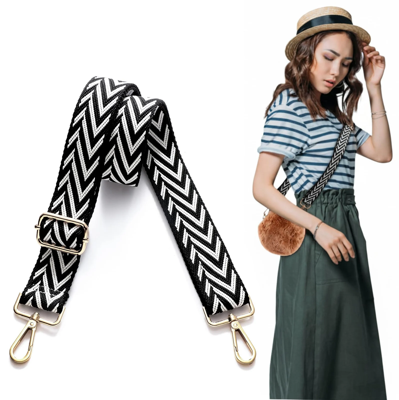 DL3 Mobilak Adjustable Wide Crossbody Bag Strap for Women, Replacement Shoulder Strap for Handbags, Totes & Purses with Elegant Embroidered Pattern and Metal Hooks - Black-White