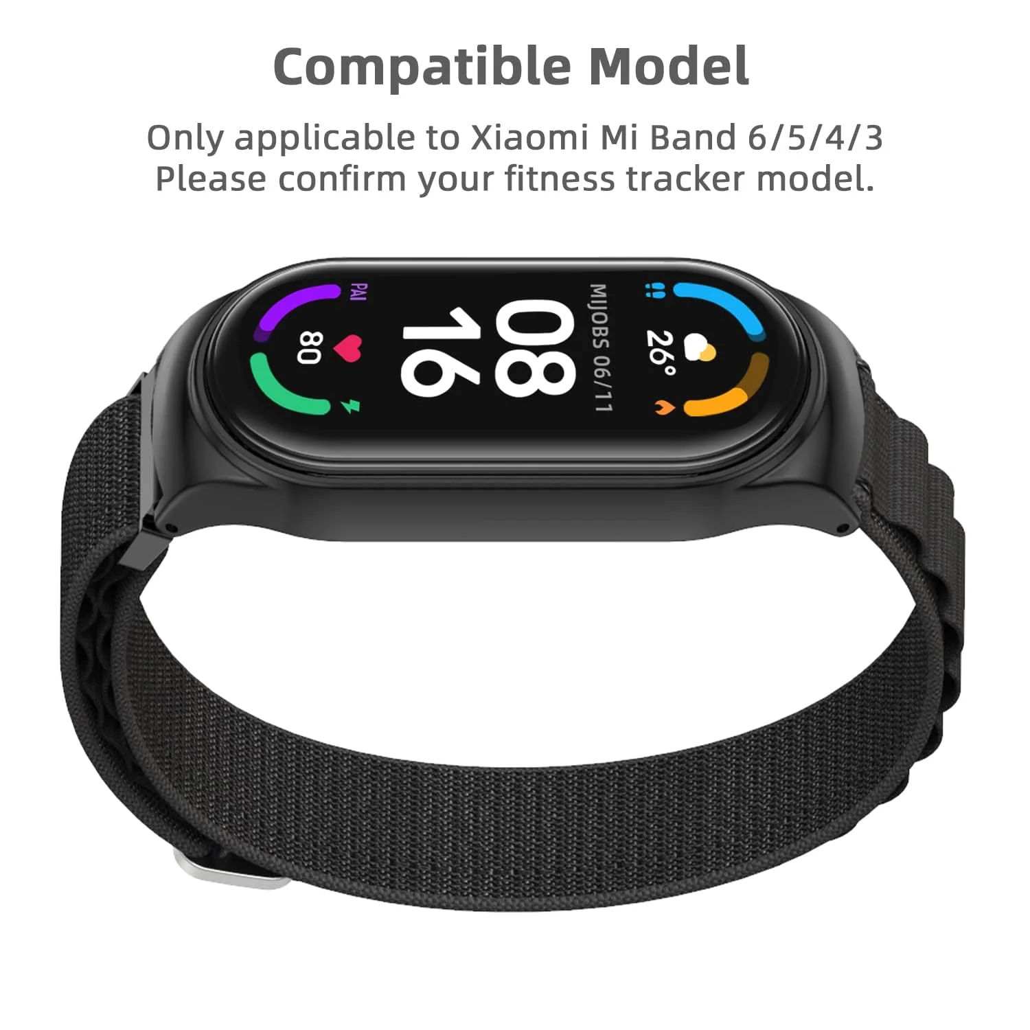 DL3 MOBILAK Alpine Loop Band for Xiaomi Mi Band 7/Mi Band 6/Mi Band 5/Mi Band 4/Mi Band 3,Women Men Nylon Sport Solo Loop Rugged Wristband with G‑Hook - Black