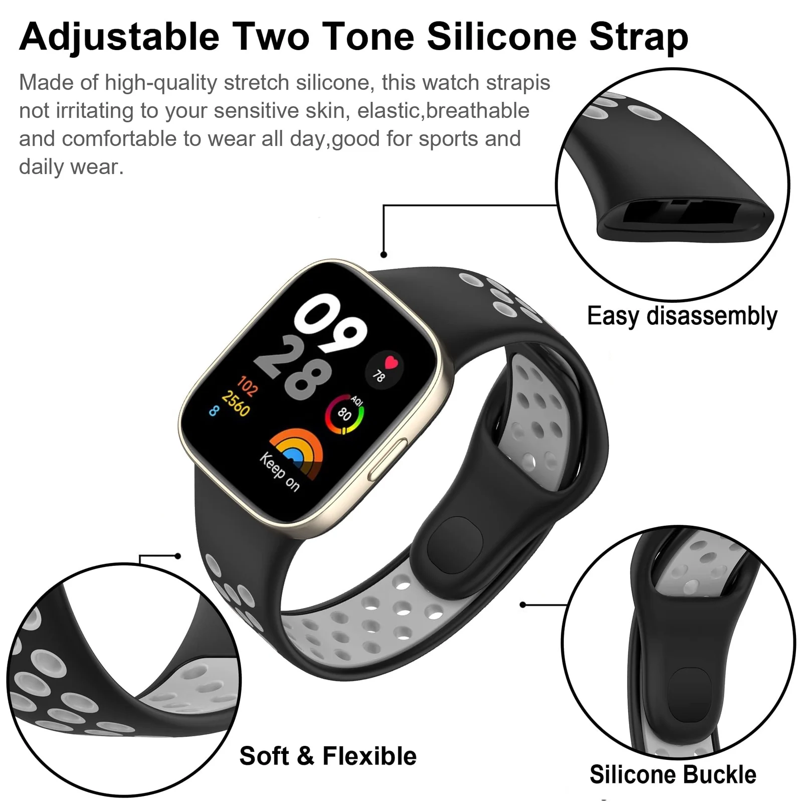 DL3 Mobilak Strap For Xiaomi Redmi Watch 3 (Not for Redmi Watch 3 Lite/Active), [Breathable] Soft Silicone Strap, Two Tone Band, Silicone Replacement Strap - Black