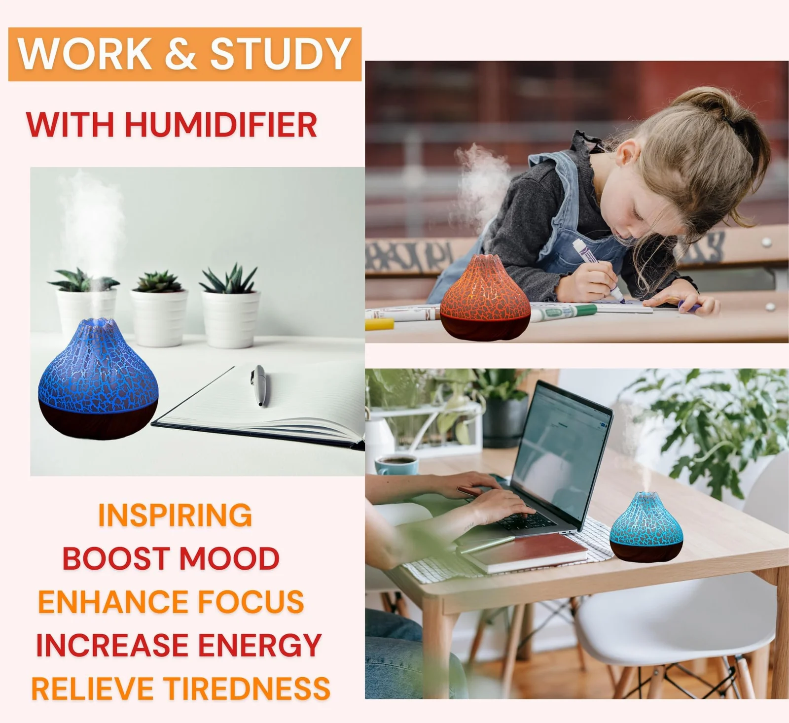 Mobigon Wood Cool Mist Ultrasonic Humidifier for Room Moisture, Aroma Diffuser for Home, 300ml Essential Oil Diffuser with 7 Colorful Night Light, Auto Shut-Off, Home, Office, car - E.Dark Brown