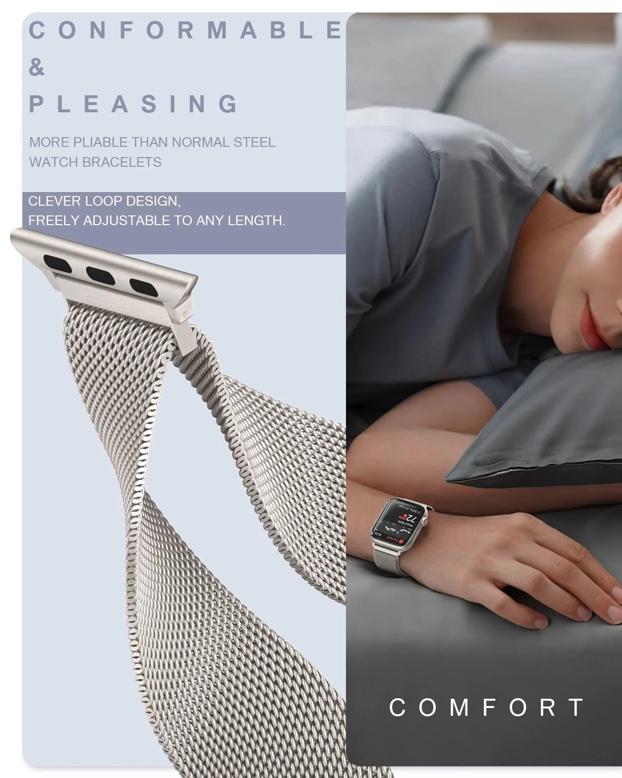 DL3 MOBILAK Milanese Loop Compatible With Apple Watch 38mm 40mm 41mm 42mm(Series 11 10), Stainless Steel Mesh Band Magnetic Clasp, Adjustable Metal Strap for iWatch Series 11 10 9 8 7 6 5 4 3 2 1 SE - Starlight