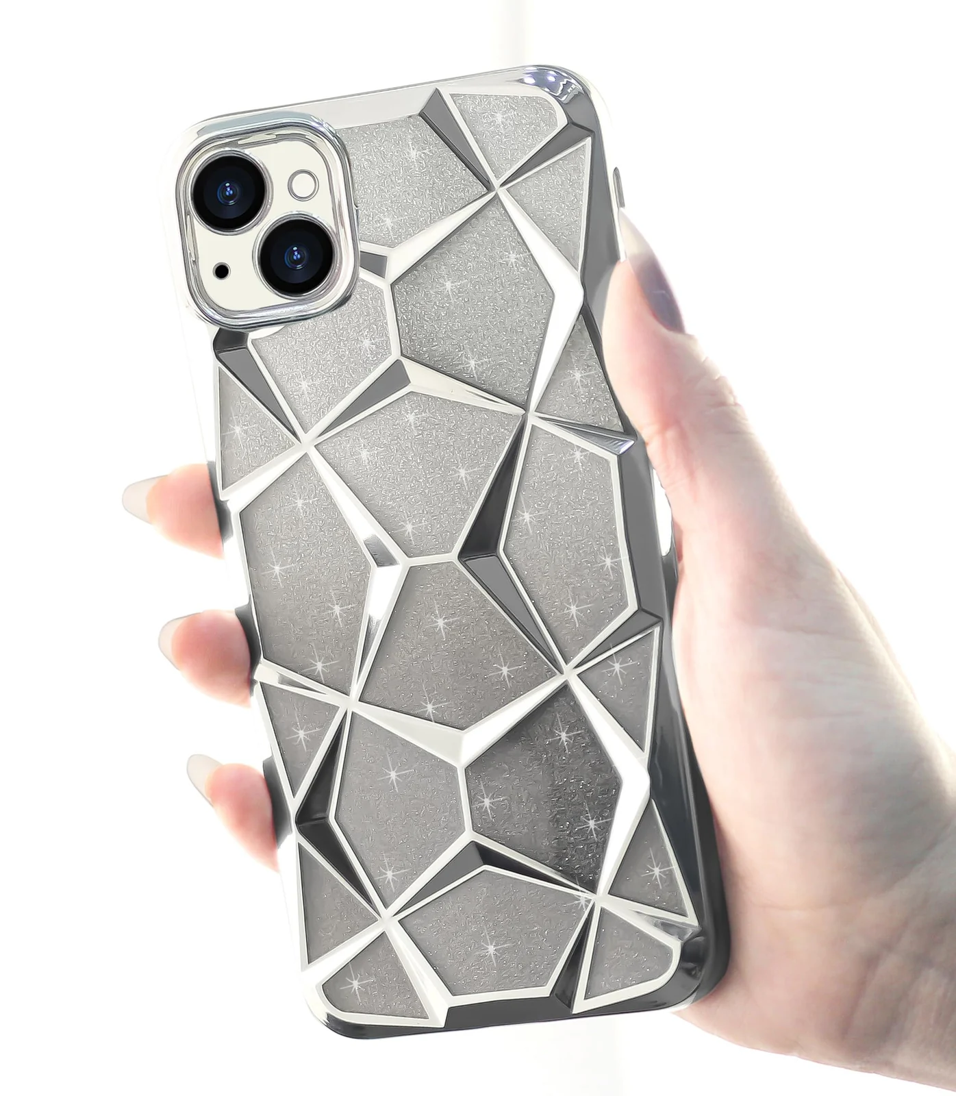 DL3 Mobilak Compatible with iPhone 15 (6.1 Inch) Case Plating Bling Gradient Glitter Clear Cover Soft TPU Silicone Cute Camera Protection Shockproof Back for Women Girls Case - Silver