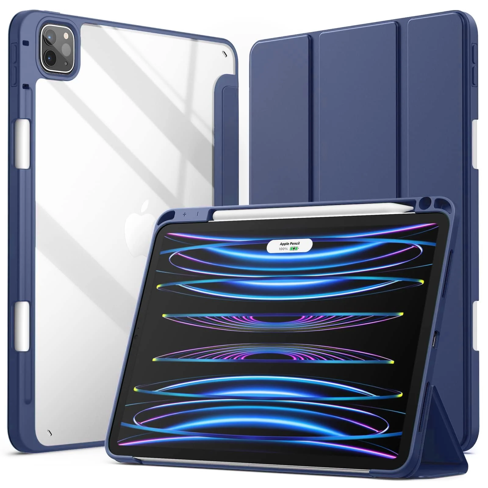 DL3 Mobilak for iPad Pro 12.9 Case 6th/5th/4th/3rd Generation 2022/2021/2020/2018, Clear Shockproof Back Cover Built-in Pencil Holder, Auto Sleep/Wake - Navy Blue