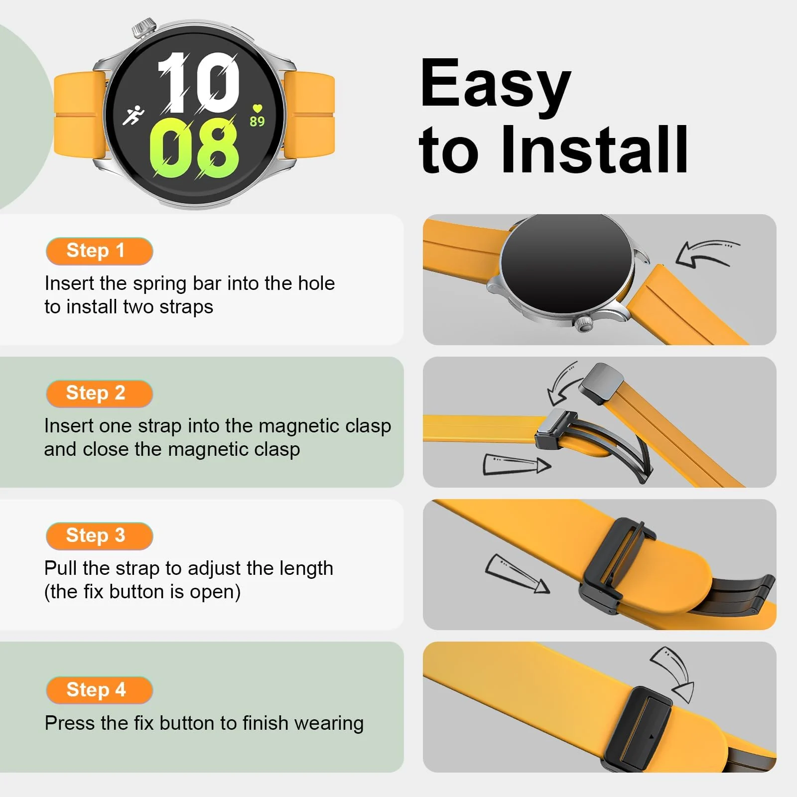 DL3 Mobilak 22MM Silicone Band Magnetic Clasp Strap For Xiaomi Redmi Watch 5 Active/5 Lite/Samsung Galaxy Watch 46mm/Watch 3 45mm/Gear S3/Huawei watch (GT6 GT5 GT4 GT3 GT2 GT 46MM)/GT6 Pro/Amazfit GTR4 - A.Orange