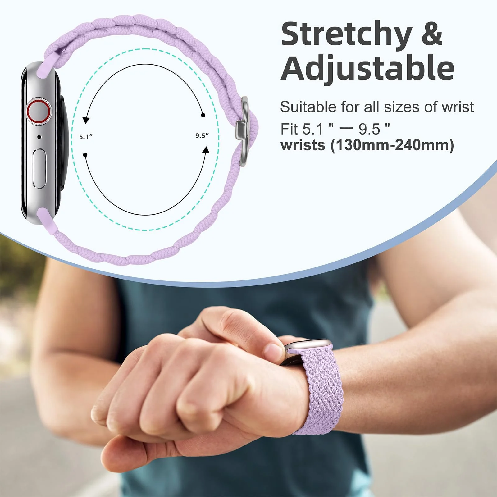 DL3 Mobilak Stretchy Nylon Solo Loop Strap For Apple Watch Band 40mm 41mm 38mm 42mm(Series 11 10) for Women Men, Sport Breathable Braided Wristband for iWatch Series 11 10 9 8 7 6 5 4 SE - Light Purple