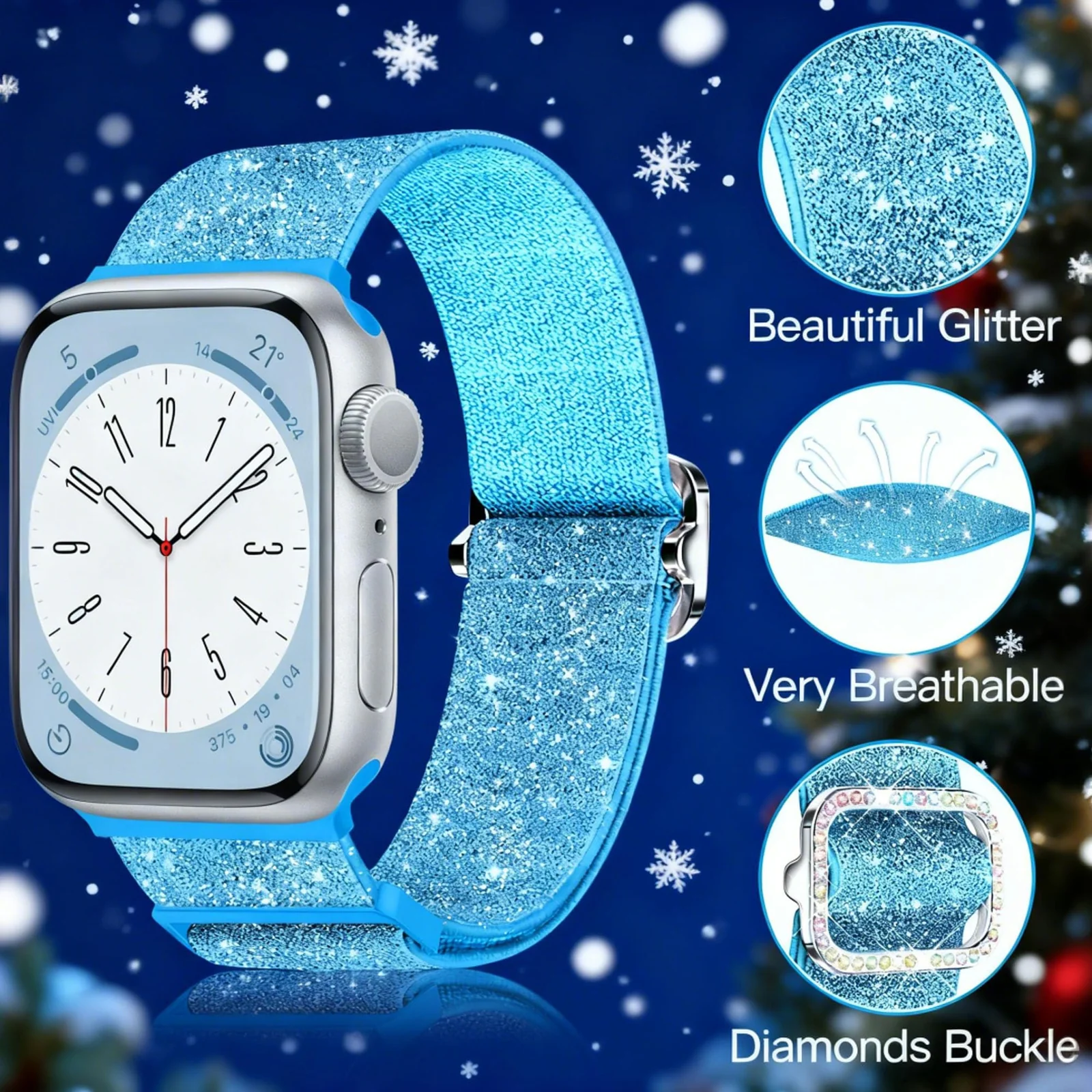 DL3 Mobilak Stretchy Bling Band For Apple Watch 49mm 46mm 45mm 44mm 42mm Women, Nylon Sparkly Strap Solo Loop Glitter Wristband for iWatch Series 11 10 9 8 7 6 5 4 SE3 SE2 SE Ultra 3 2 1 - Sky Blue