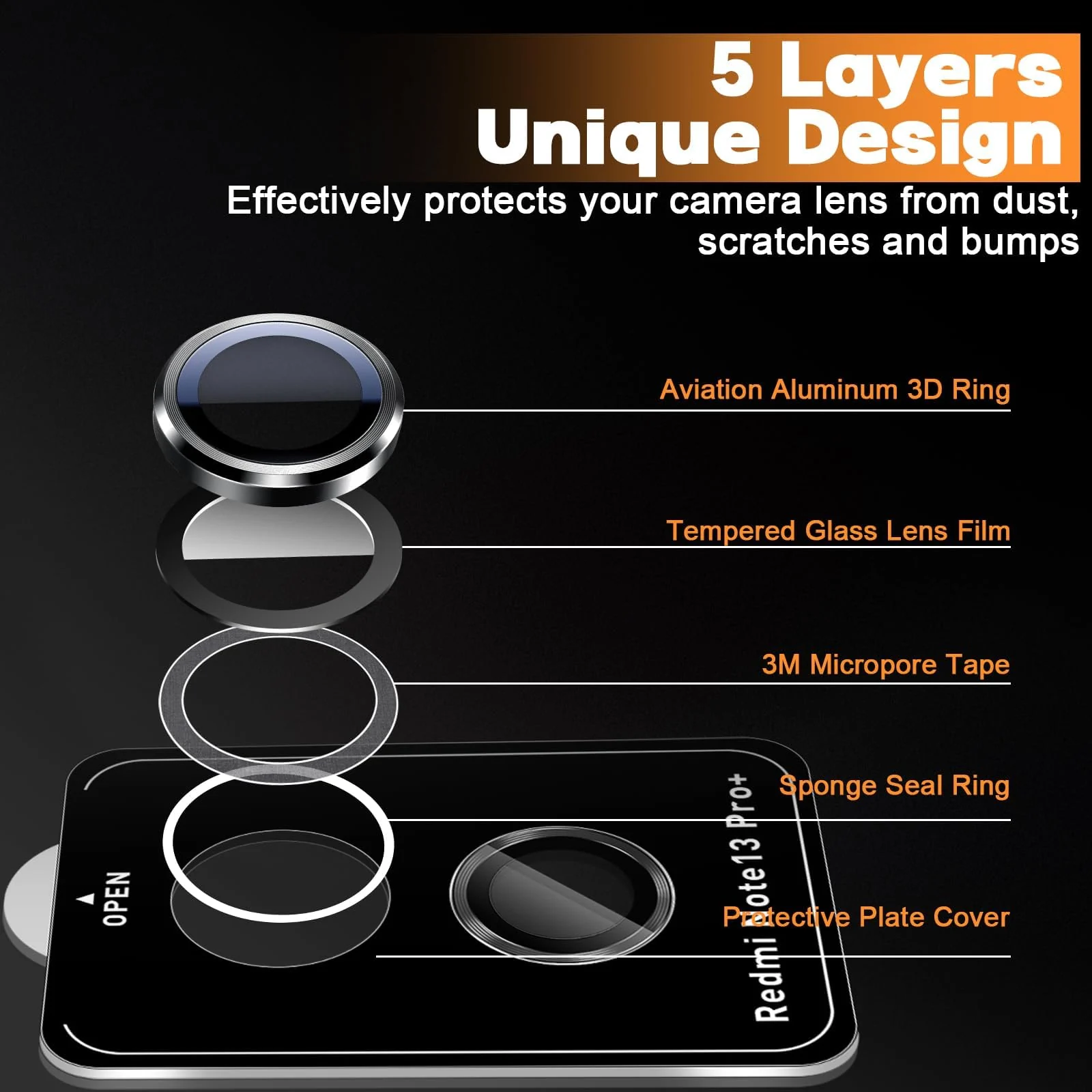 DL3 Mobilak Camera Lens Protector for Xiaomi Redmi Note 13 Pro+ Plus 5G Accessories, 9H Tempered Glass Metal Individual Ring Camera Cover Screen Protector, Case Friendly, Anti Scratch - Black