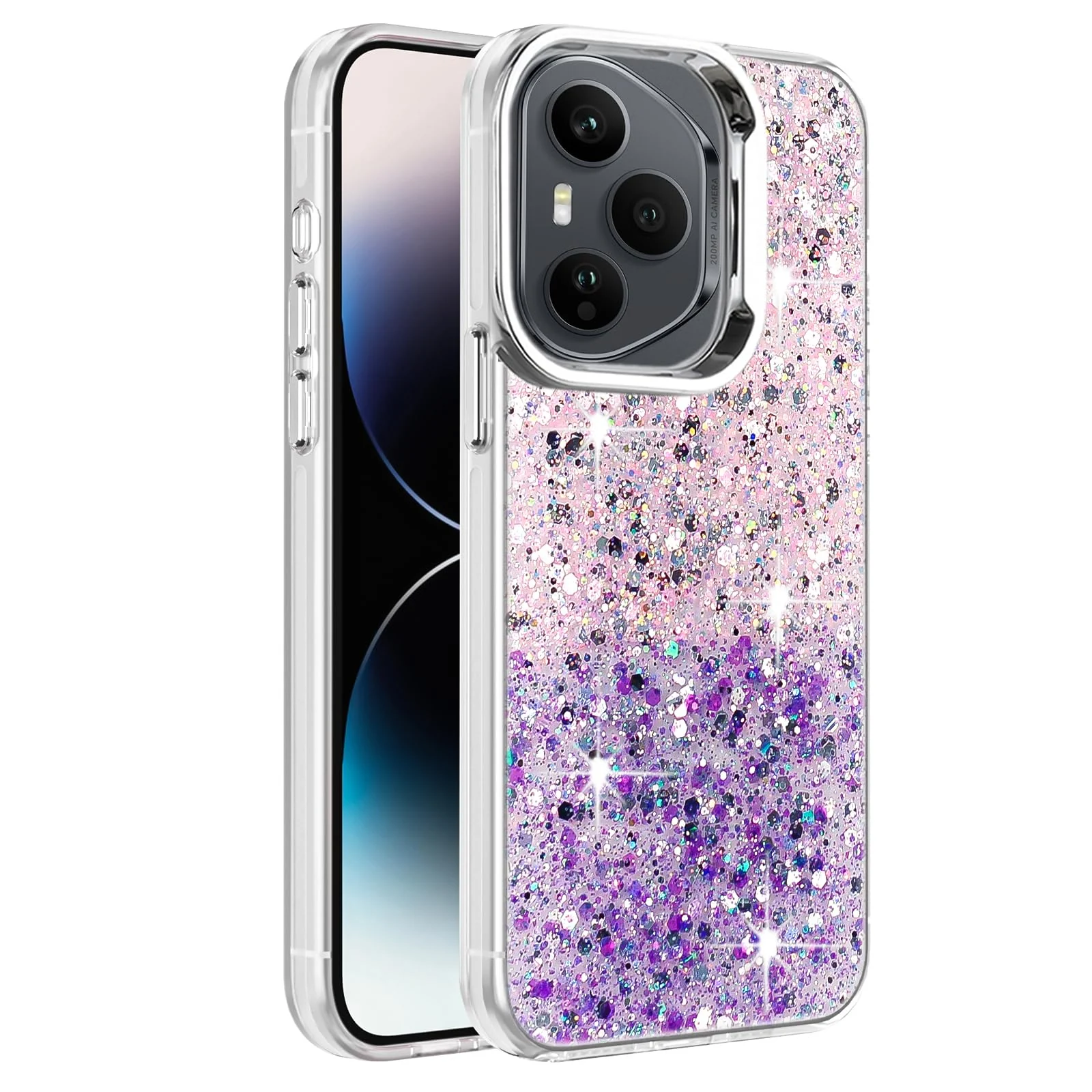 DL3 Mobilak Compatible with Honor 400 Pro 5G Case, Clear Glitter Bling Sparkly, Soft TPU Frame Bumper, Hard-Back Cover for Women & Girls, Transparent Protective Phone Case - Pink Purple