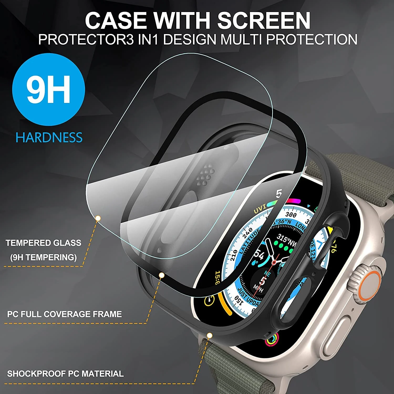DL3 Mobilak Hard Case Designed for Apple Watch Ultra 2 (2023) / Ultra 1 49mm, Built-in 9H [HD Clear] Tempered Glass Screen Protector, [Full Protection] Slim Cover for iWatch 49mm - Black