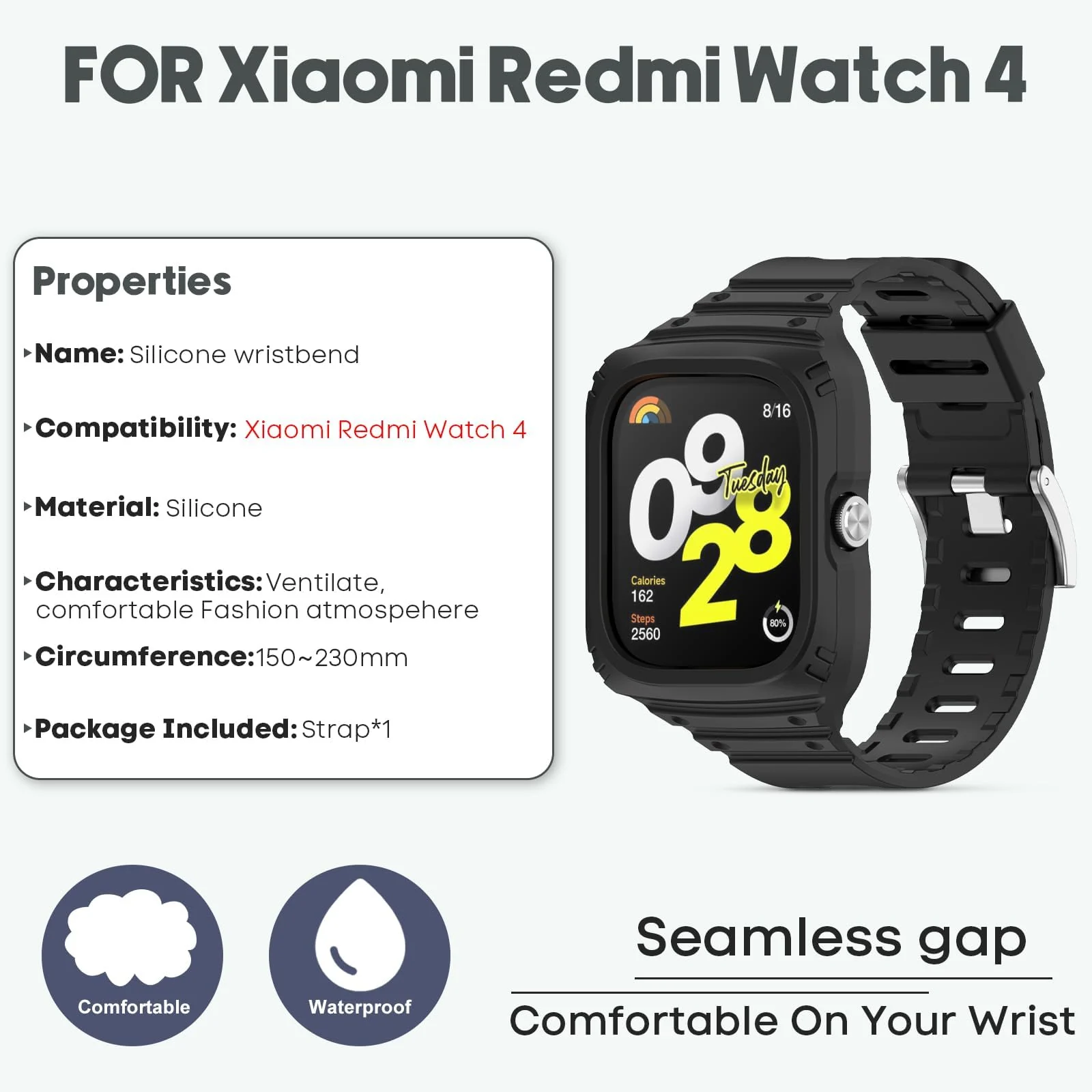 DL3 Mobilak Strap With Cover Compatible with Xiaomi Redmi Watch 4, Silicone Sport Band Replacement Watchband with Bumper Case for Redmi Watch 4, Adjustable Wristband - Black