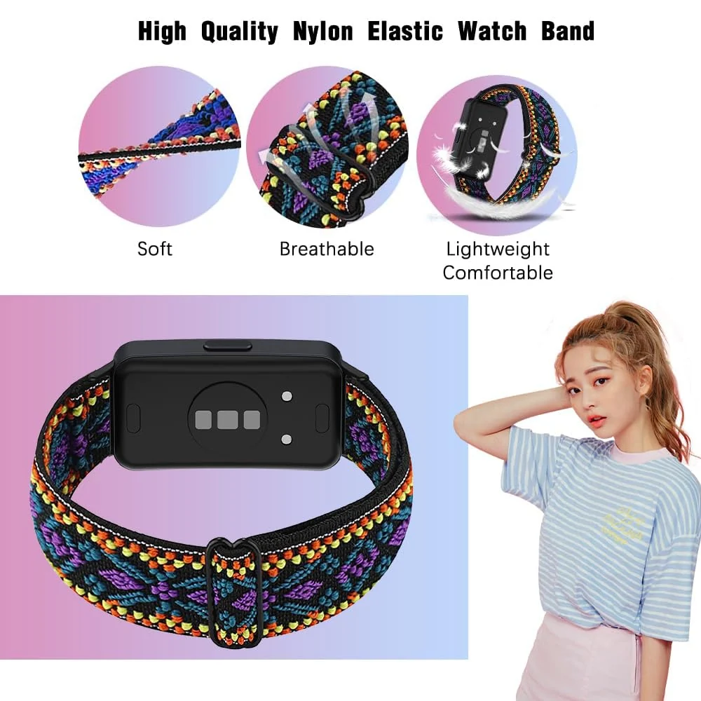 DL3 Mobilak Strap Compatible with Honor Band 7 / Huawei Band 7, Soft Elastic Nylon Straps, Adjustable Stretchy Sports Replacement Bracelets Wristbands for Women Men - Bohemia Blue