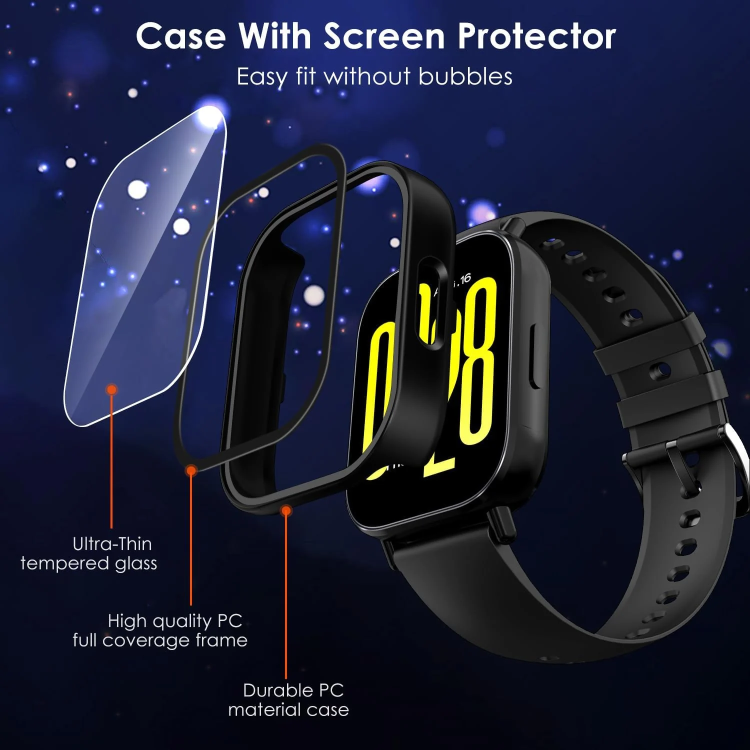 DL3 Mobilak Case with Screen Protector for Xiaomi Redmi Watch 5 Active, Bumper Full Coverage Hard PC Overall Protective Cover, Built-in Tempered Glass Film High Sensitivity - Black