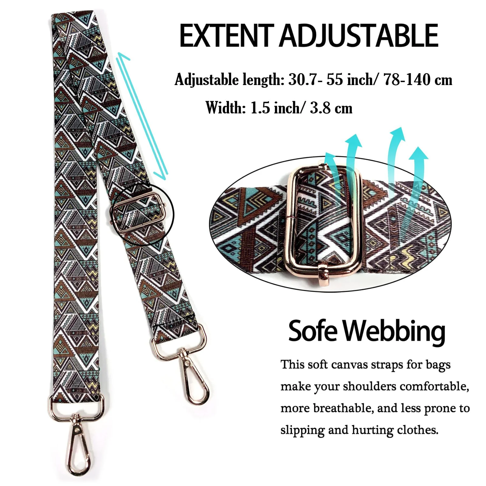 DL3 Mobilak Adjustable Wide Crossbody Bag Strap for Women, Replacement Shoulder Strap for Handbags, Totes & Purses with Elegant Embroidered Pattern and Metal Hooks - Brown Yellow