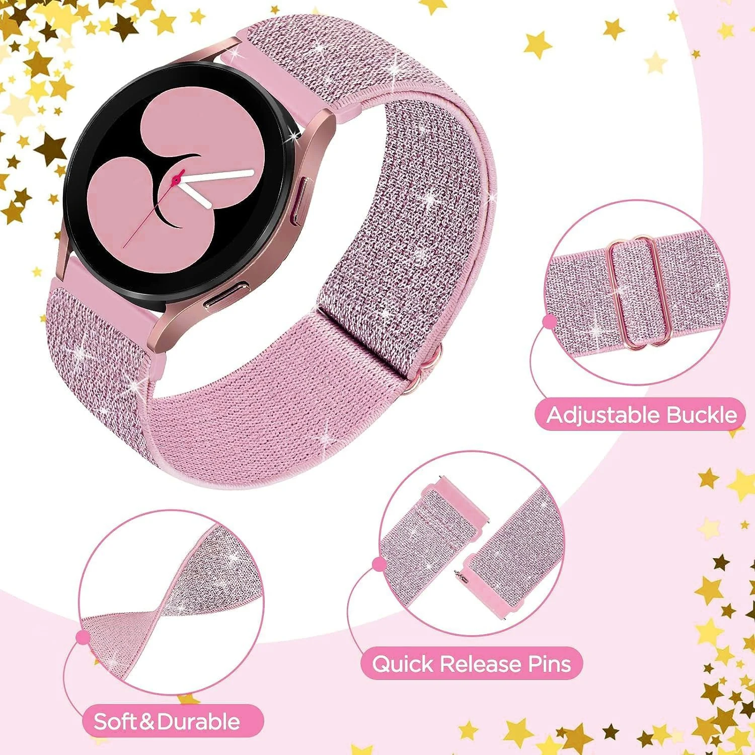 DL3 Mobilak Strap Nylon Loop 22MM Band For Xiaomi Redmi Watch 5 Active/5 Lite/Samsung Galaxy Watch 3 45mm/Watch 46mm/Gear S3/For Huawei watch GT5 GT4 GT3 GT2 GT 46MM/GT2E/GT2 Pro/GT 3 Pro/GT5 Pro - Shiny Pink