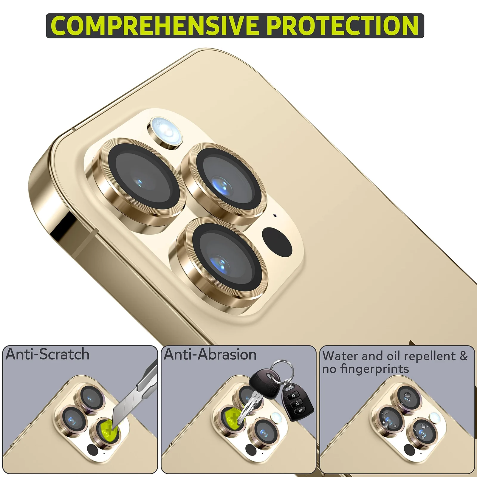DL3 Mobilak Camera Lens Protector For iPhone 15 Pro/iPhone 15 Pro Max, [Keep Original Shooting] Tempered Glass Screen Protector Metal Individual Camera Cover, Case Friendly - Gold