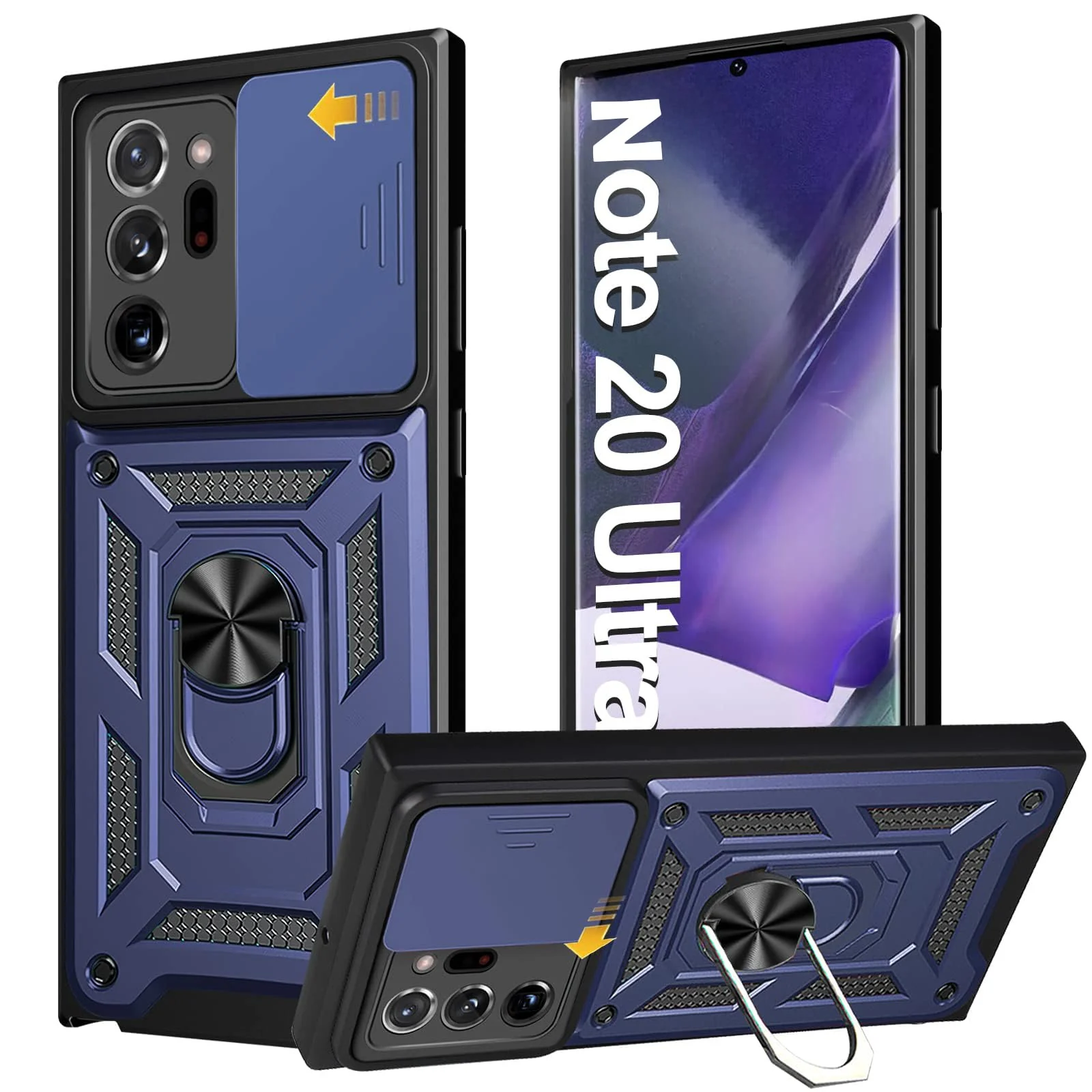 "DL3 Mobilak Military-Grade Protective Case with Sliding Camera Cover, Metal Ring Kickstand and Magnetic Car-Mount Support for Samsung Galaxy Note 20 Ultra (6.9"") - Blue"