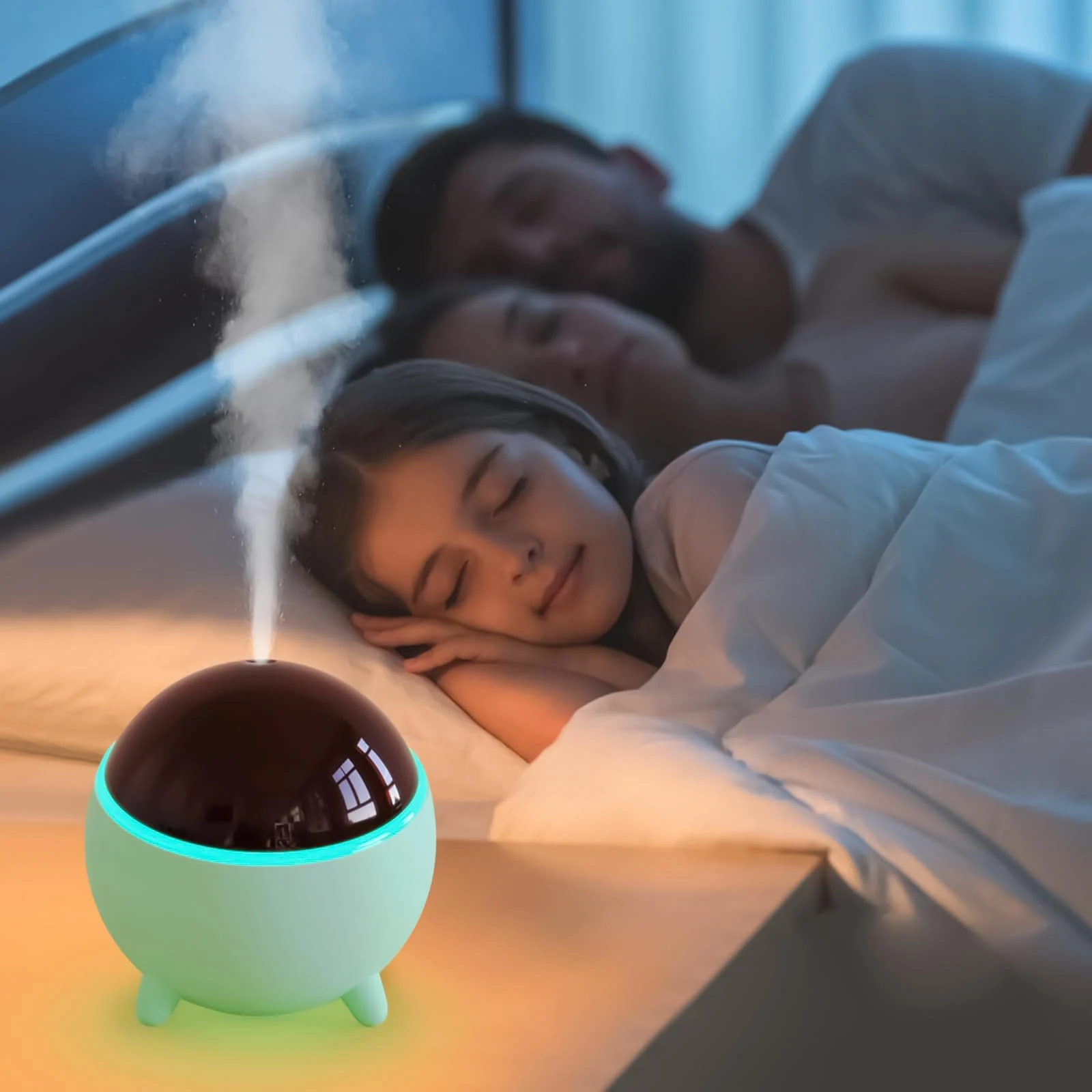 Mobigon Wood Cool Mist Ultrasonic Humidifier for Room Moisture, Aroma Diffuser for Home, 300ml Essential Oil Diffuser with 7 Colorful Night Light, Auto Shut-Off, Home, Office, car - Turquoise