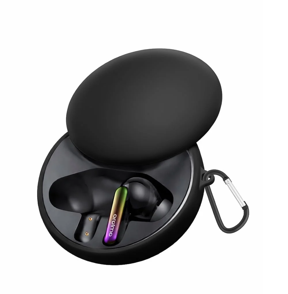 Dl3 Mobilak Compatible with Oraimo SpaceBuds Hybrid (OTW-630) Case Cover, Soft Silicone Shockproof Protective Case Wireless Earbuds with Carabiner, Front LED Visible (Black)
