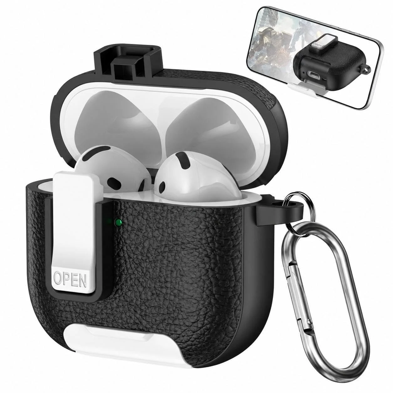 Mobigon for Apple AirPods 4 Leather Case with Secure Lock Clip, Support Wireless Charge, Stand and Charging Port Dustproof Design with Carabiner for AirPods 4 (Black/White)