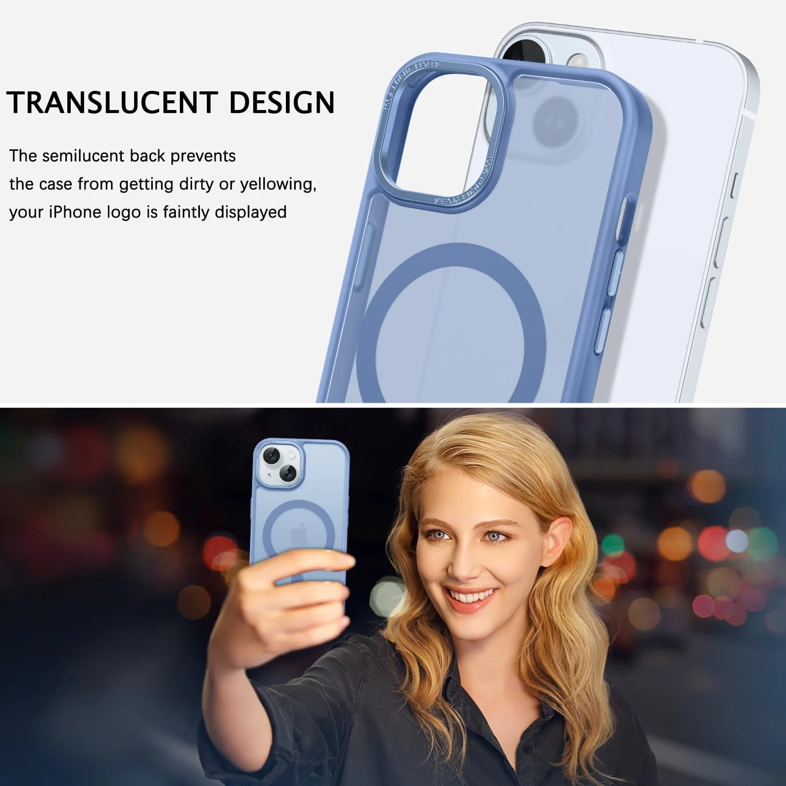 DL3 Mobilak Translucent Matte Case for iPhone 15 + Plus / iPhone 14 Plus 6.7-Inch, Compatible with MagSafe accessories, Supports wireless charging, Built-in magnetic car-mount support - Baby Blue