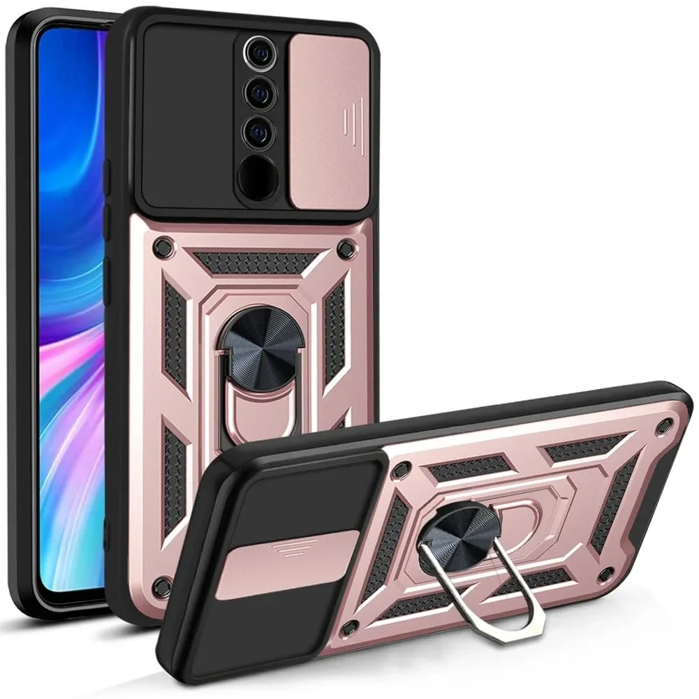 DL3 Mobilak Military-Grade Protective Case with Sliding Camera Cover, Metal Ring Kickstand and Magnetic Car-Mount Support for Xiaomi Redmi Note 8 Pro - Rose Gold
