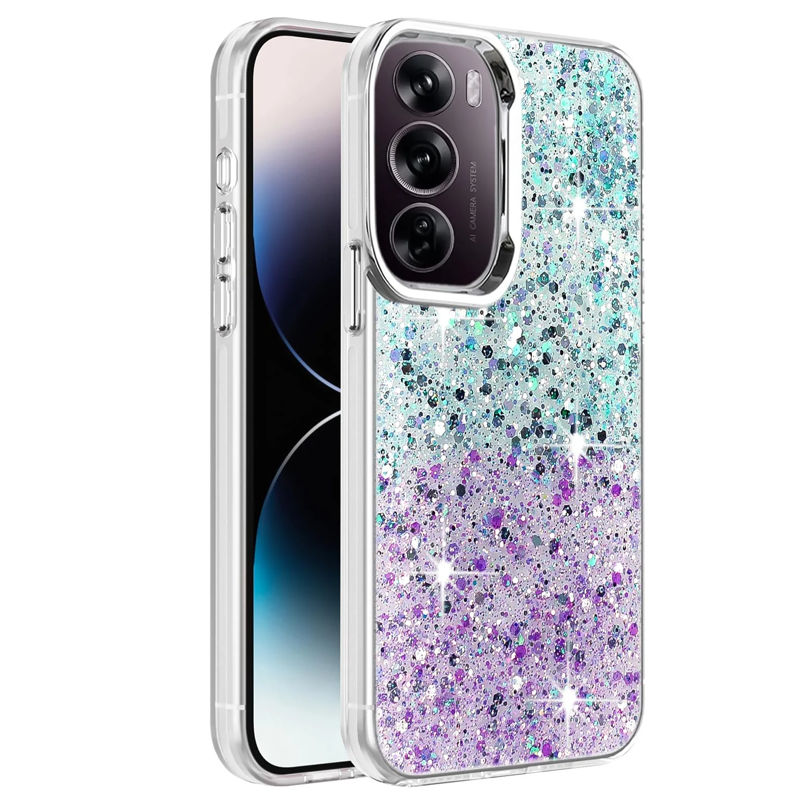 DL3 Mobilak Glitter Protective Case for realme C75 / realme 14x, Supports wireless charging, Camera protection, Shock-absorbing protection - Green Purple