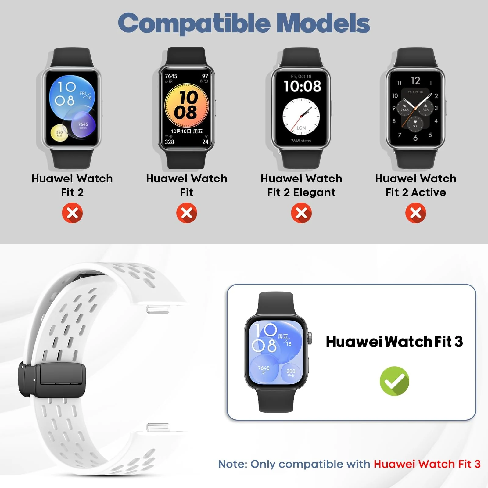 DL3 Mobilak Silicone Strap Compatible with Huawei Watch Fit 3/Fit 4/Fit 4 Pro Magnetic Metal Buckle Sport Silicone Breathable Strap for Men Women Band Quick Release Soft Replacment Wristband - White