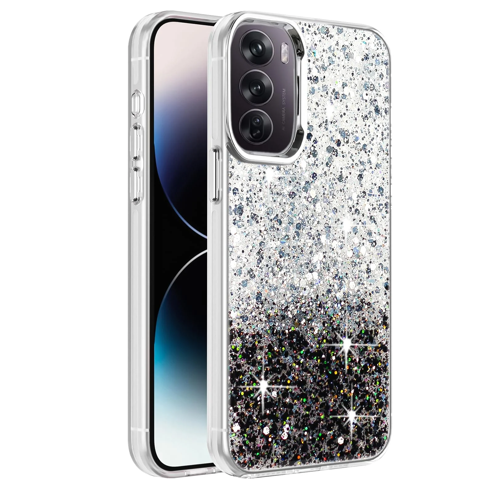 DL3 Mobilak Glitter Protective Case for OPPO Reno 12 Pro 5G (Reno12 Pro), Supports wireless charging, Camera protection, Shock-absorbing protection - White Black