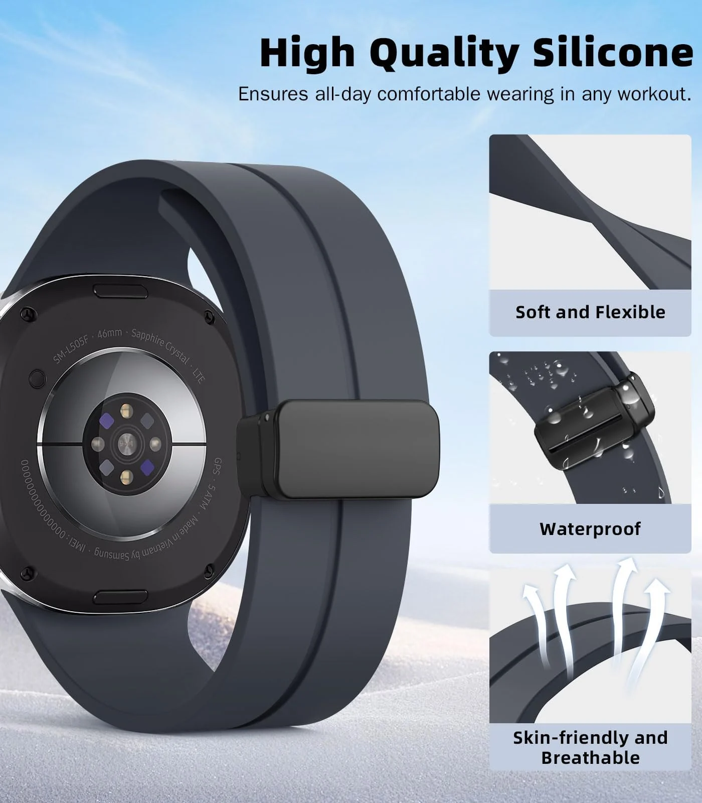 DL3 Mobilak Silicone Strap for Samsung Galaxy Watch 8 40mm/44mm, Men's and Women's Adjustable Sports Silicone Magnetic Buckle Bands for Samsung Galaxy Watch 8 Classic 46mm 2025 - Dark Gray