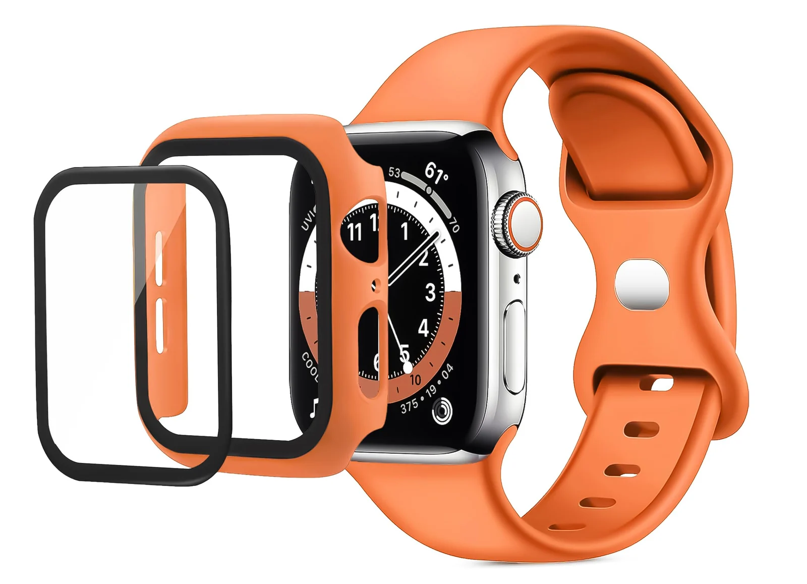 DL3 Mobilak Band with Case Compatible with Apple Watch 45mm, Adjustable Silicone Sport Wristband Replacement, Strap With Cover Built-in Glass Screen Protector for iWatch Series 9 8 7 - Orange